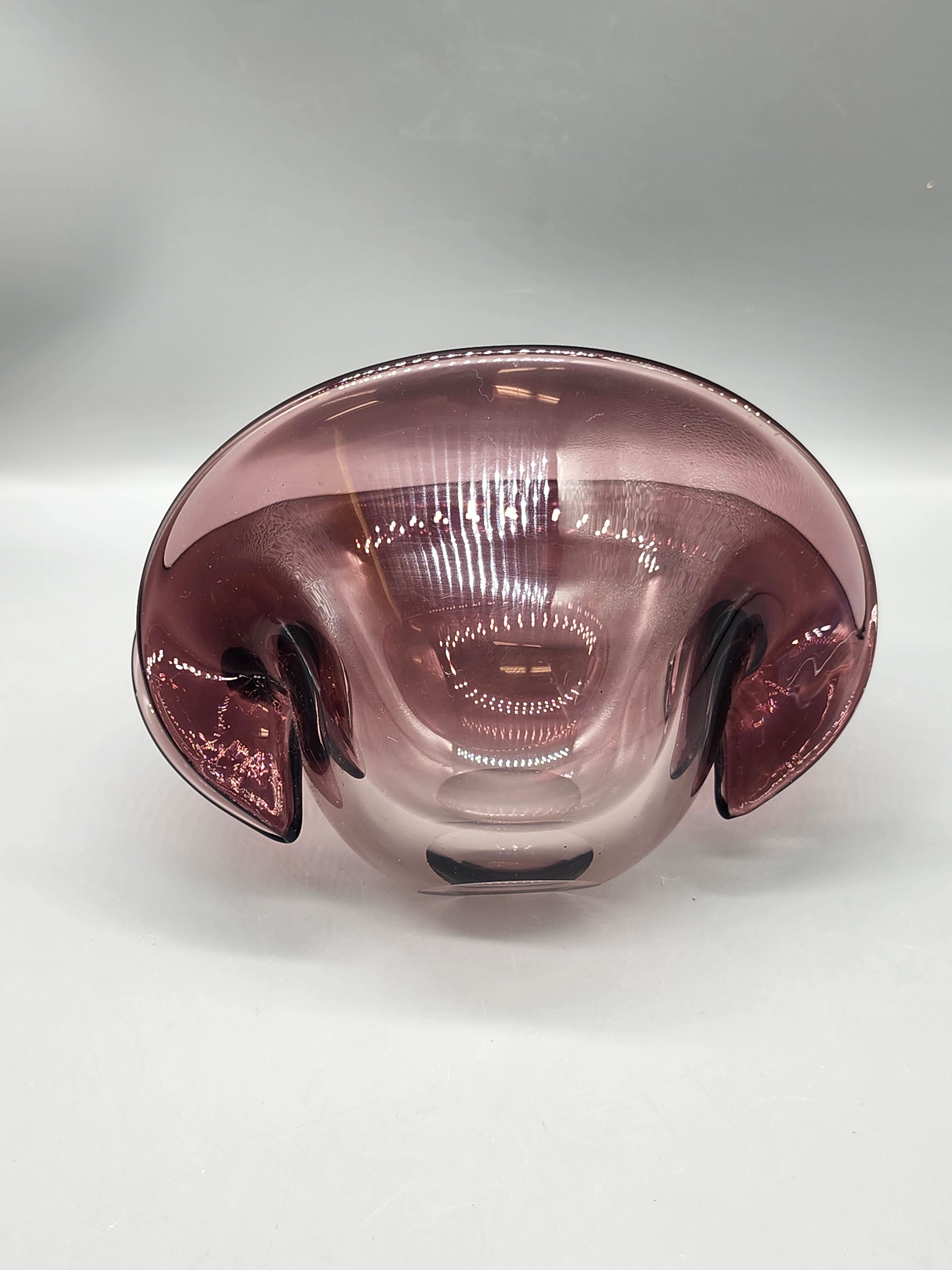 Vintage Amethyst Art Glass Clam Shell Bowl Purple Hand Blown Centerpiece
