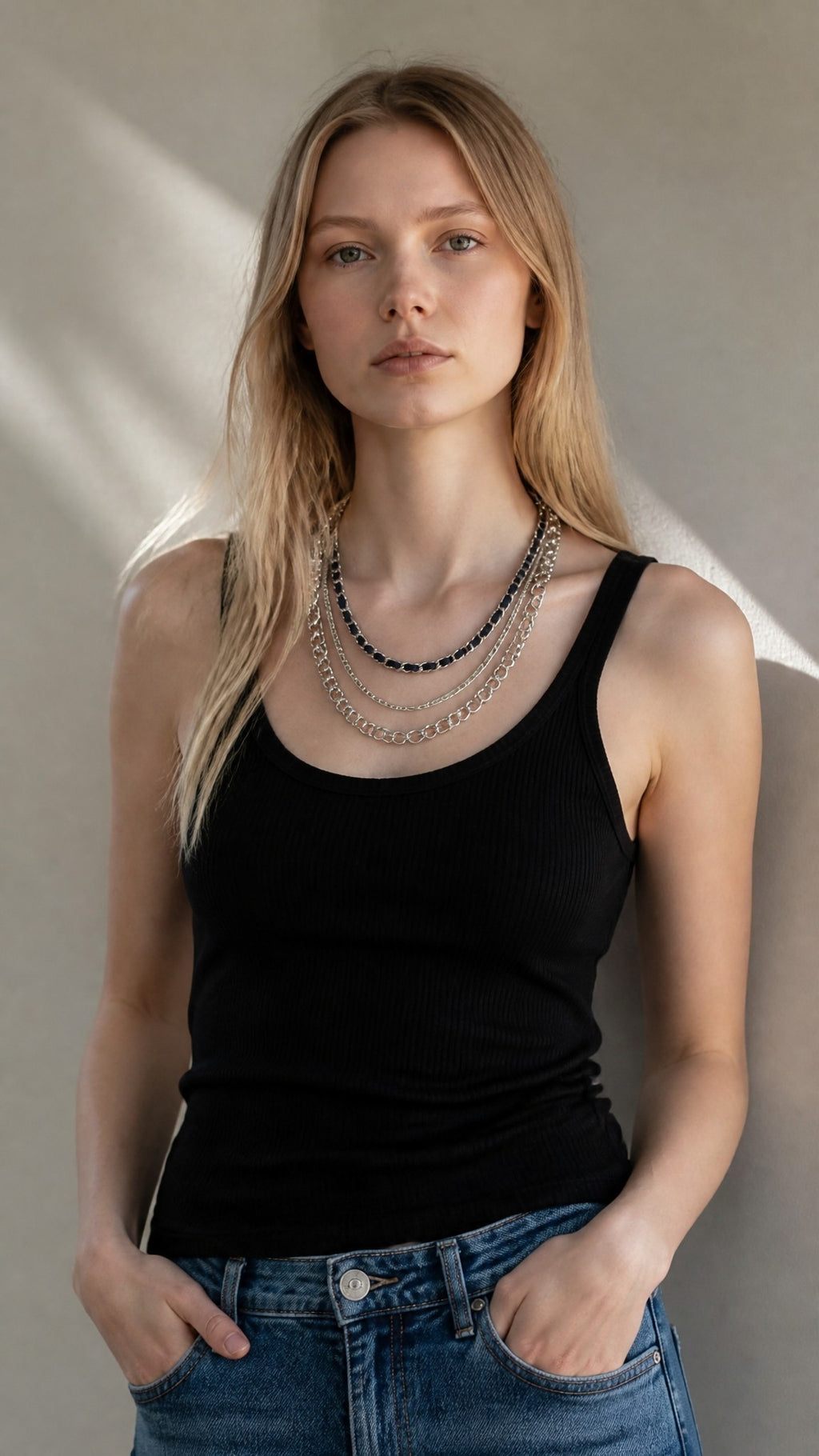 White House Black Market 16" Triple Strand Silver Tone Chain Necklace Black Faux Leather