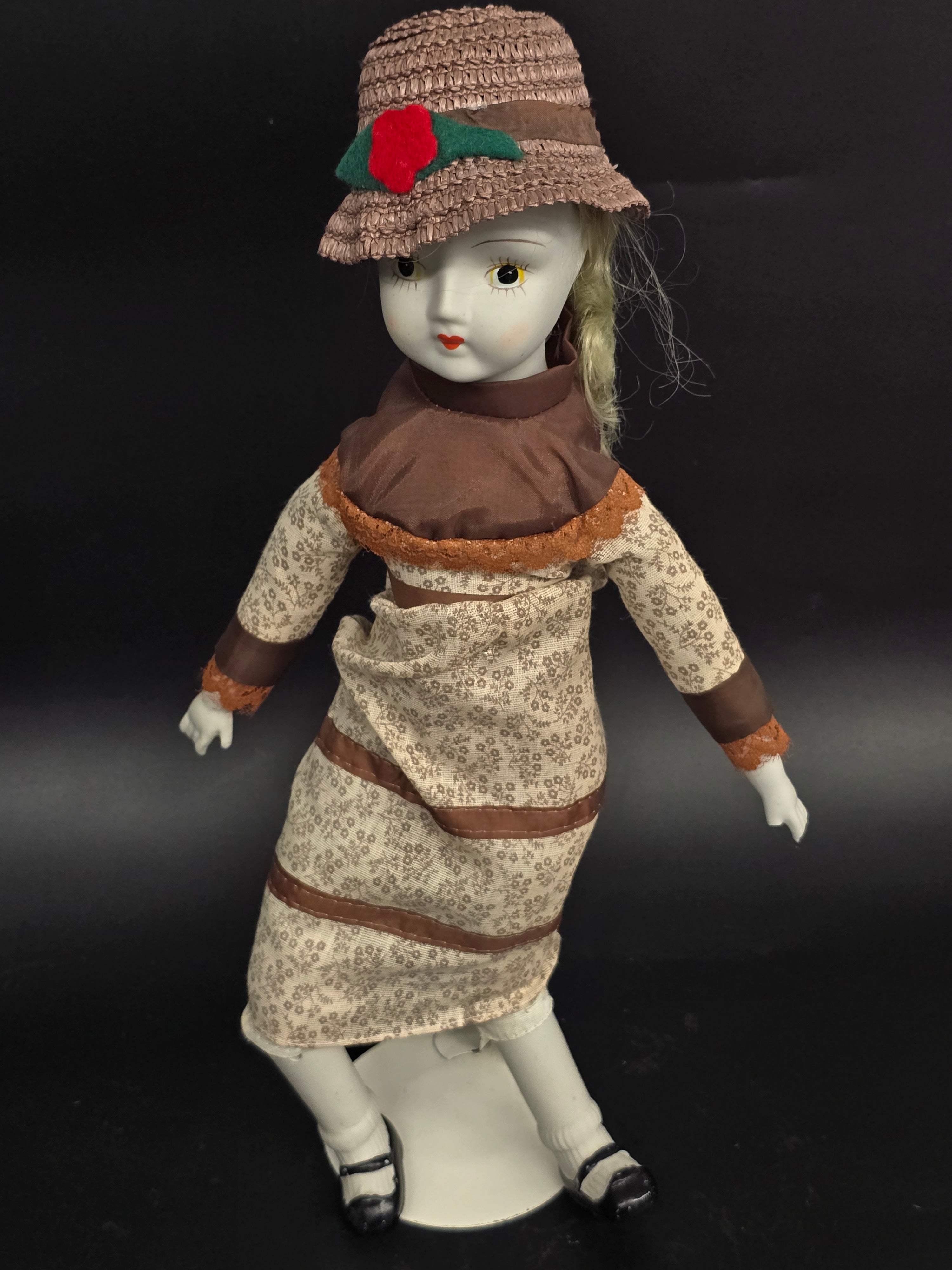 Vintage 18" Porcelain Head Doll Blonde Hair Brown Floral Dress Straw Hat Display Doll