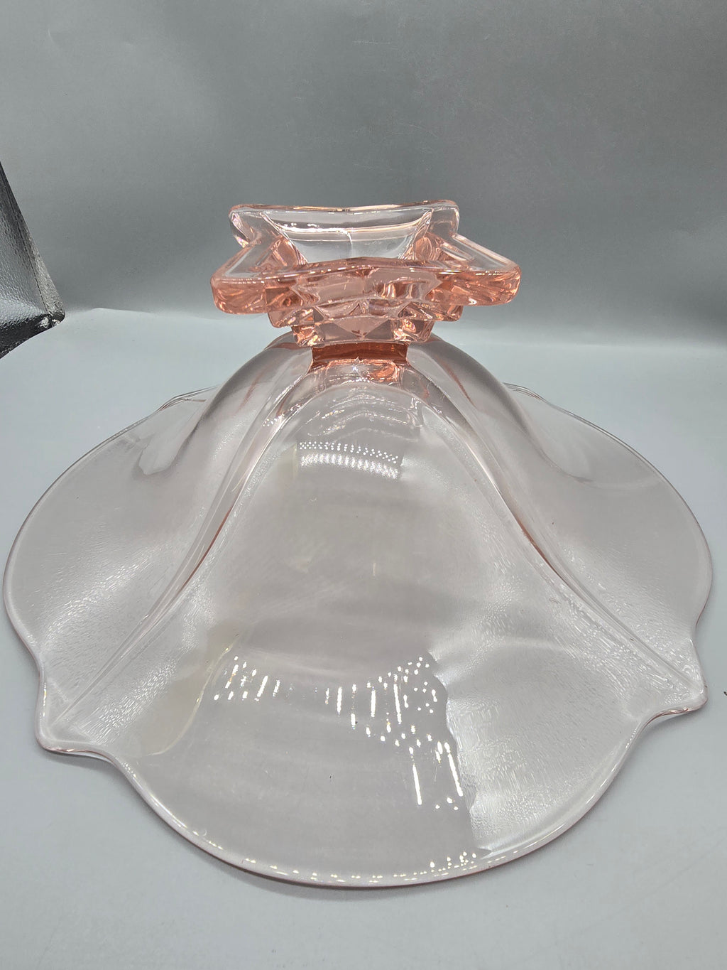 Vintage Pink Depression Glass Pedestal Console Bowl Ruffled Scalloped Edge Centerpiece