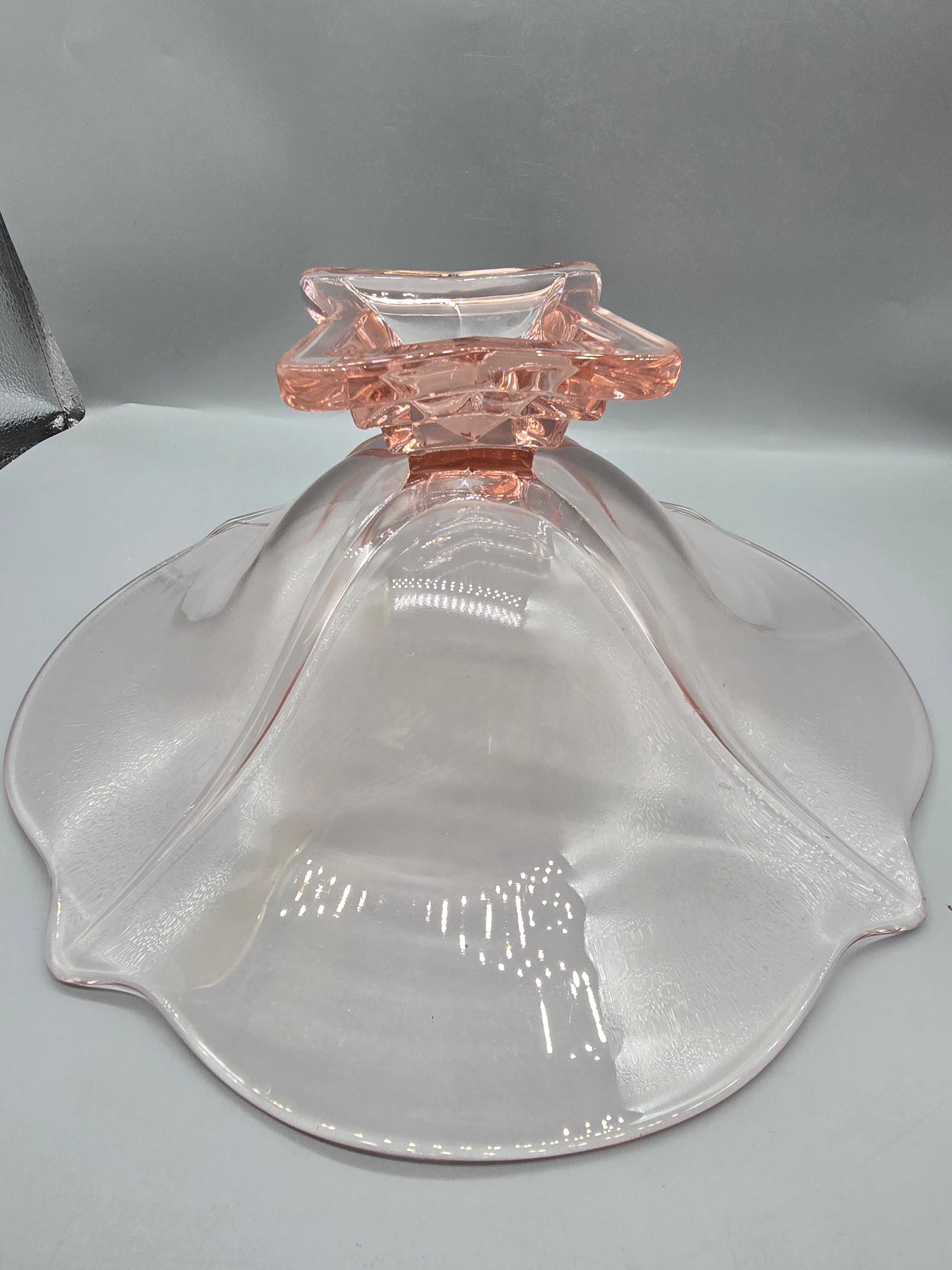 Vintage Pink Depression Glass Pedestal Console Bowl Ruffled Scalloped Edge Centerpiece