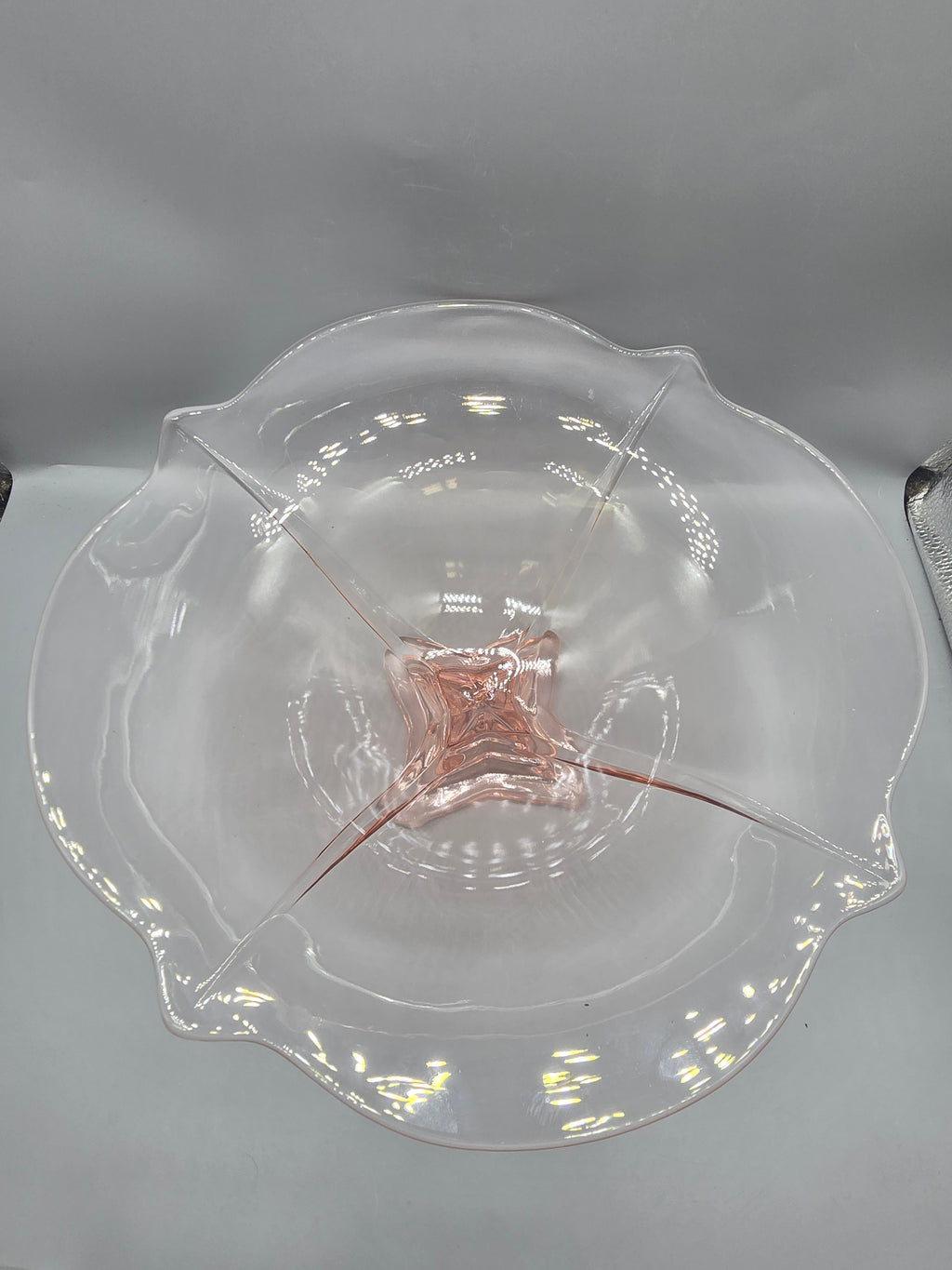 Vintage Pink Depression Glass Pedestal Console Bowl Ruffled Scalloped Edge Centerpiece