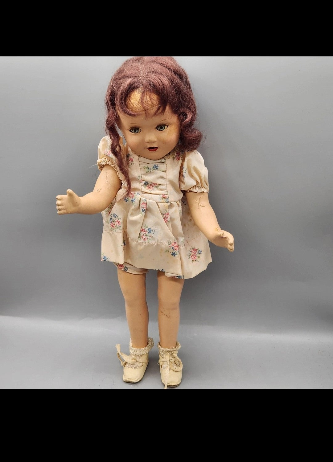 Vintage Composition Girl Doll 17 In Brown Hair Green Eyes Floral Dress Shoes