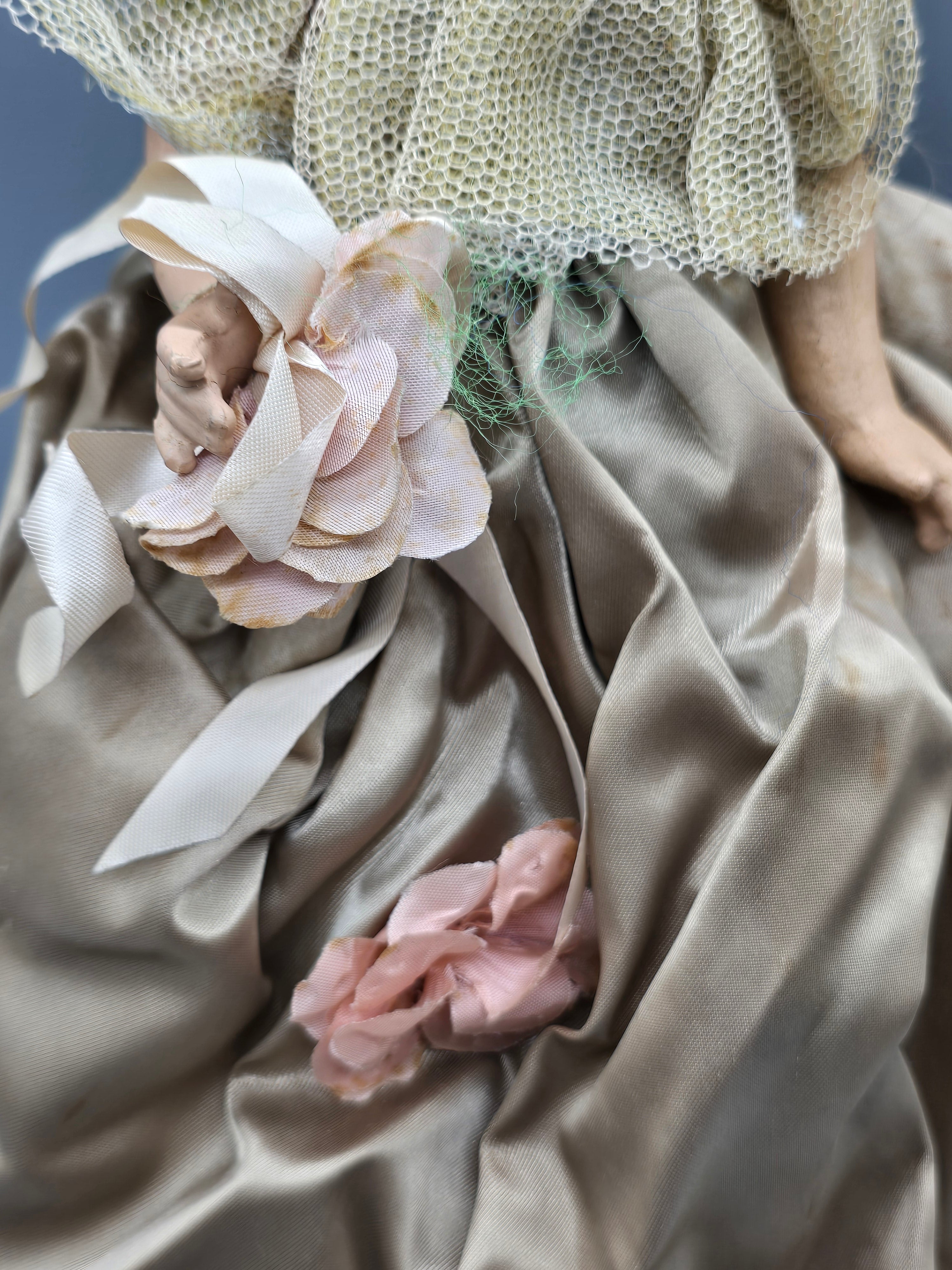 Vintage Composition Doll Curly Blonde Hair Bonnet Dress Sleep Eyes TLC