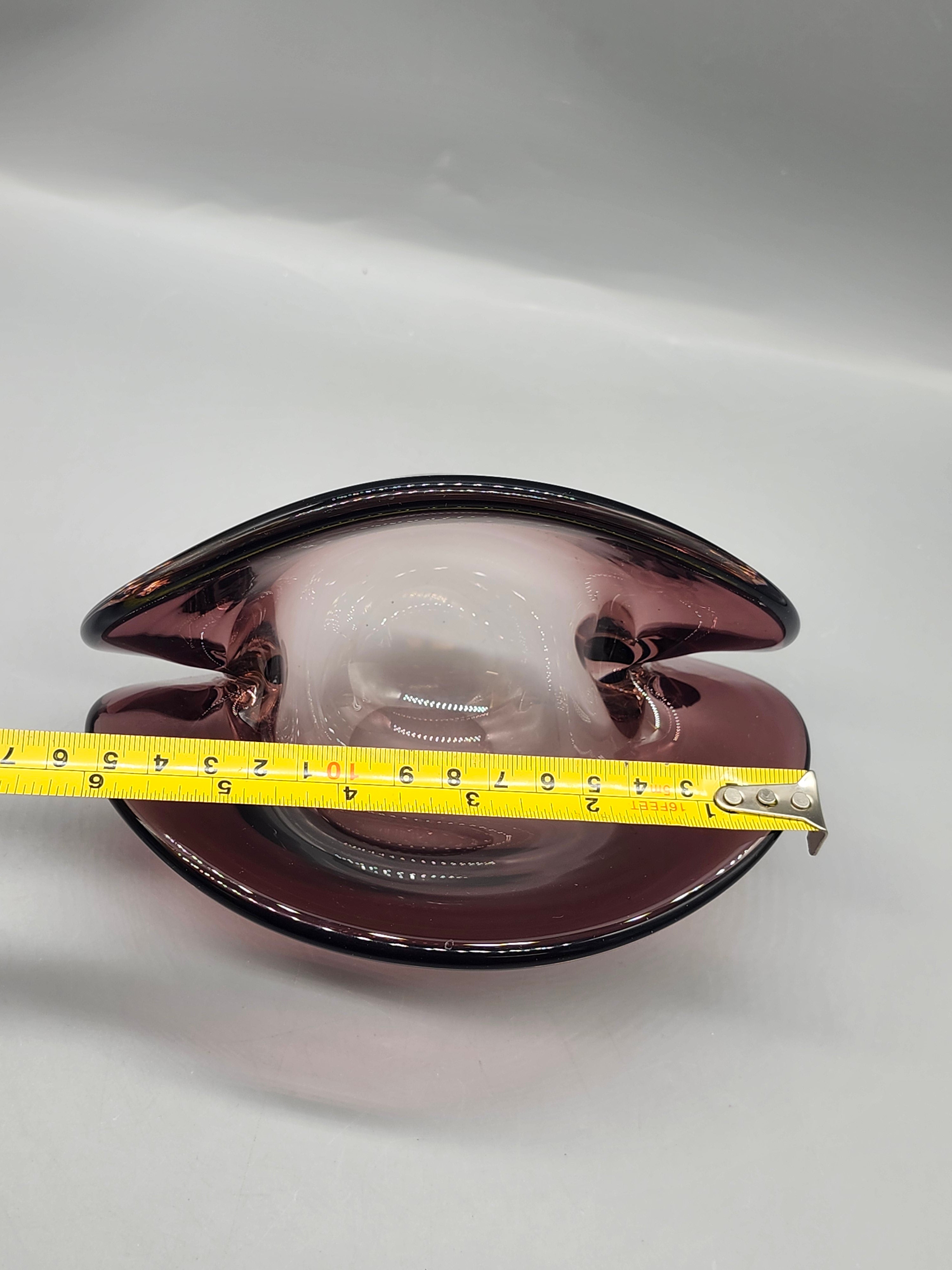 Vintage Amethyst Art Glass Clam Shell Bowl Purple Hand Blown Centerpiece