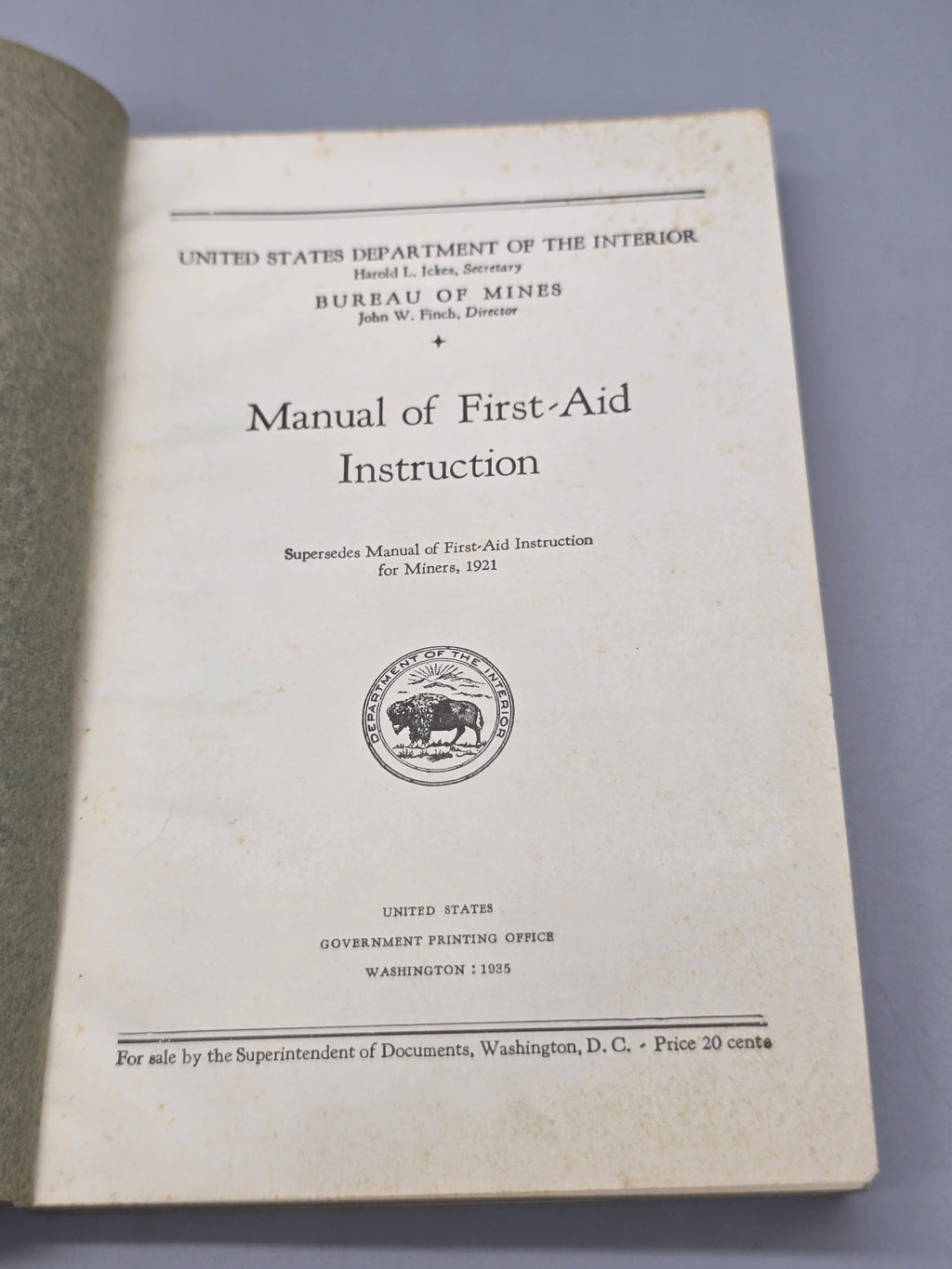 1935 Manual of First-Aid Instruction U.S. Bureau of Mines Vintage Government Handbook