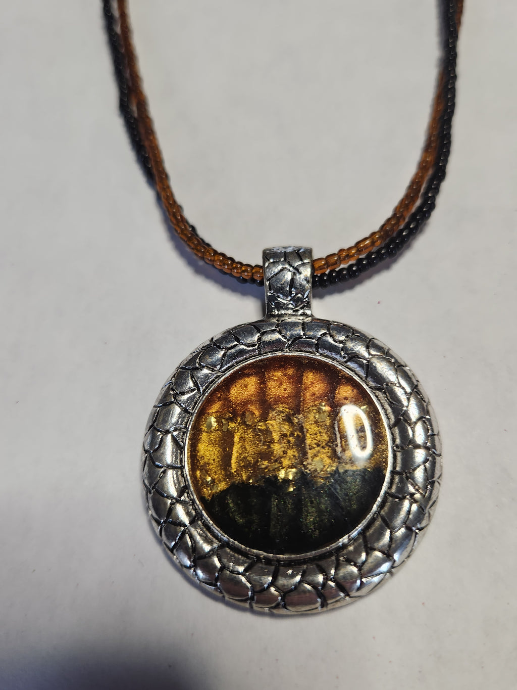 Handcrafted Art Glass Pendant Necklace Double Seed Bead Choker Silver Tone
