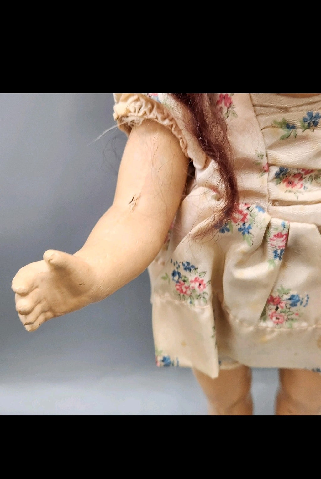 Vintage Composition Girl Doll 17 In Brown Hair Green Eyes Floral Dress Shoes