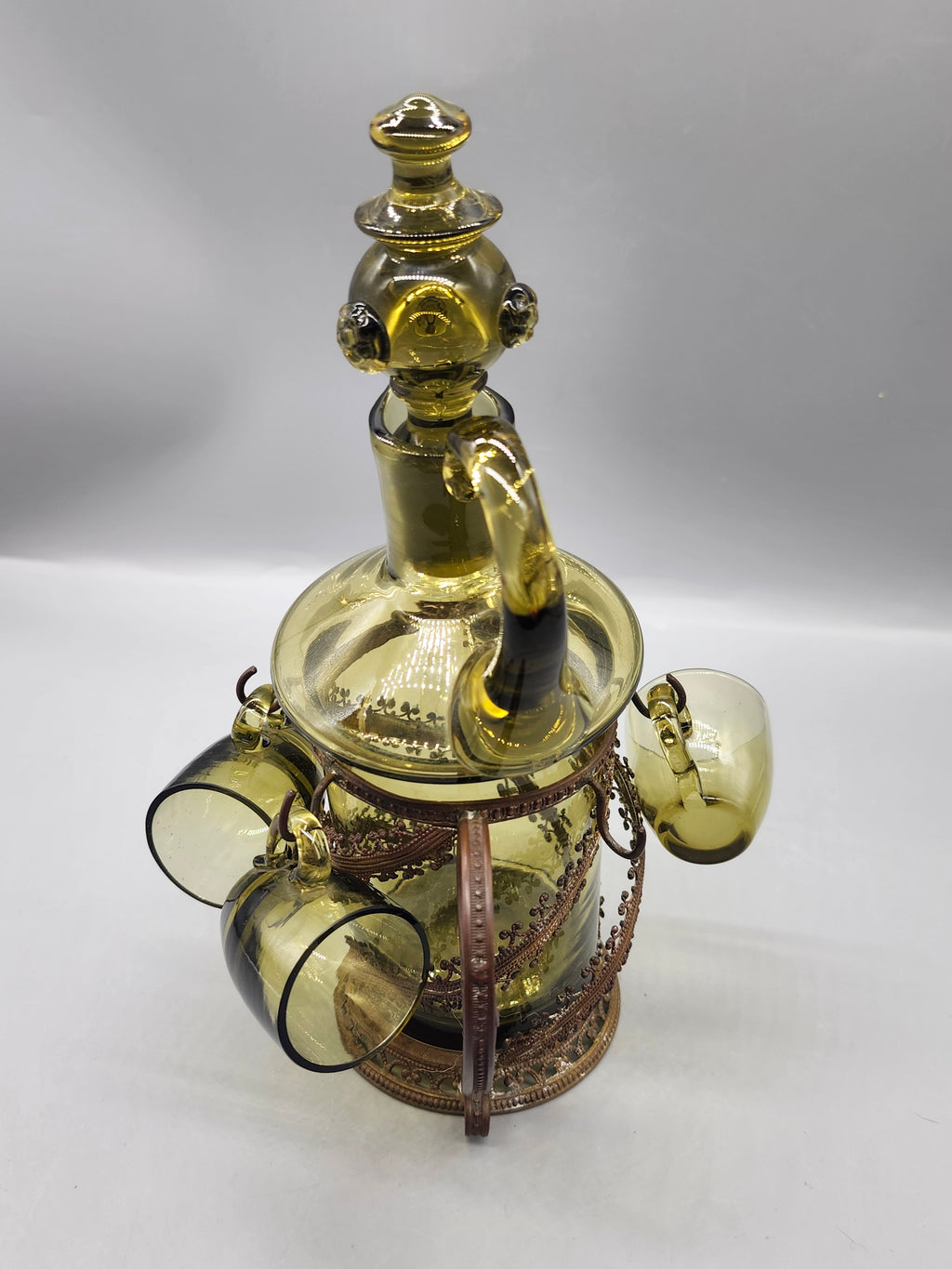 Vintage Green Glass Decanter 4 Cups Caddy Set Empoli Italian Genie Bottle