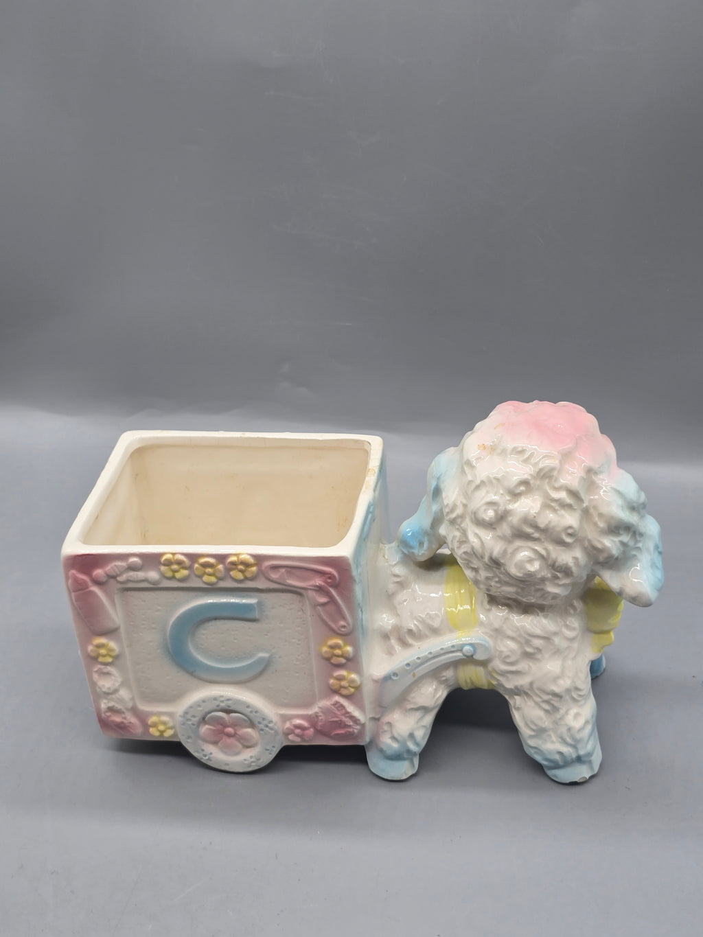 Vintage Ceramic Spaghetti Poodle Pull Wagon Planter Alphabet Block "A" Nursery Japan