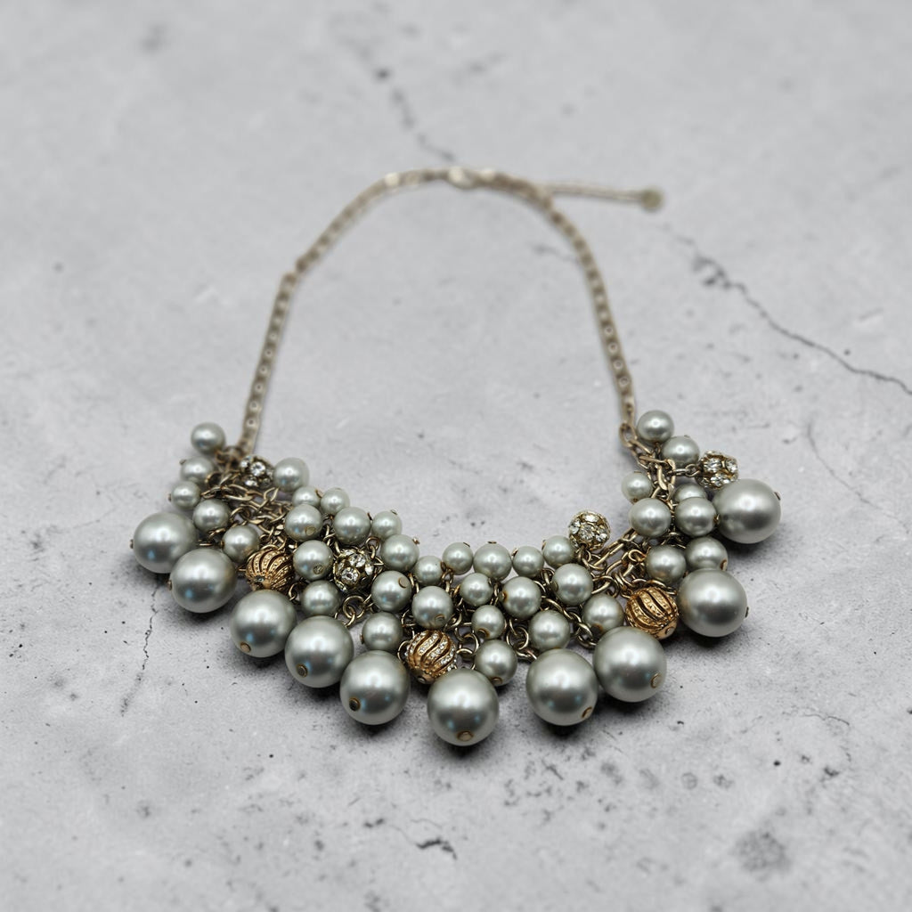 Gold Tone Faux Pearl Cluster Statement Bib Necklace Rhinestone Adjustable Fashion Jewelry