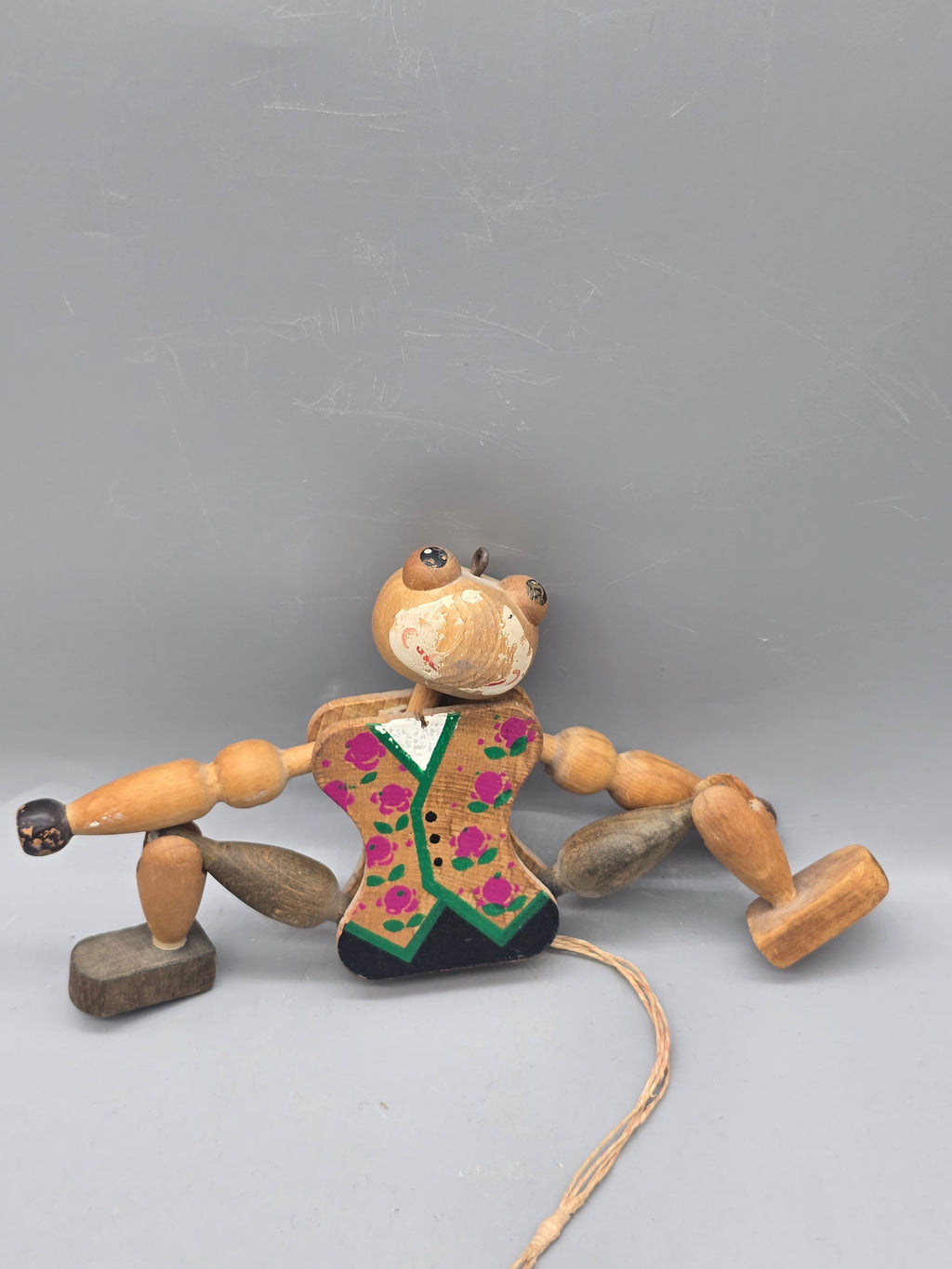 Vintage Wooden Jointed Pull String Bear Puppet Hand Painted Articulated Folk Art Toy 7"
