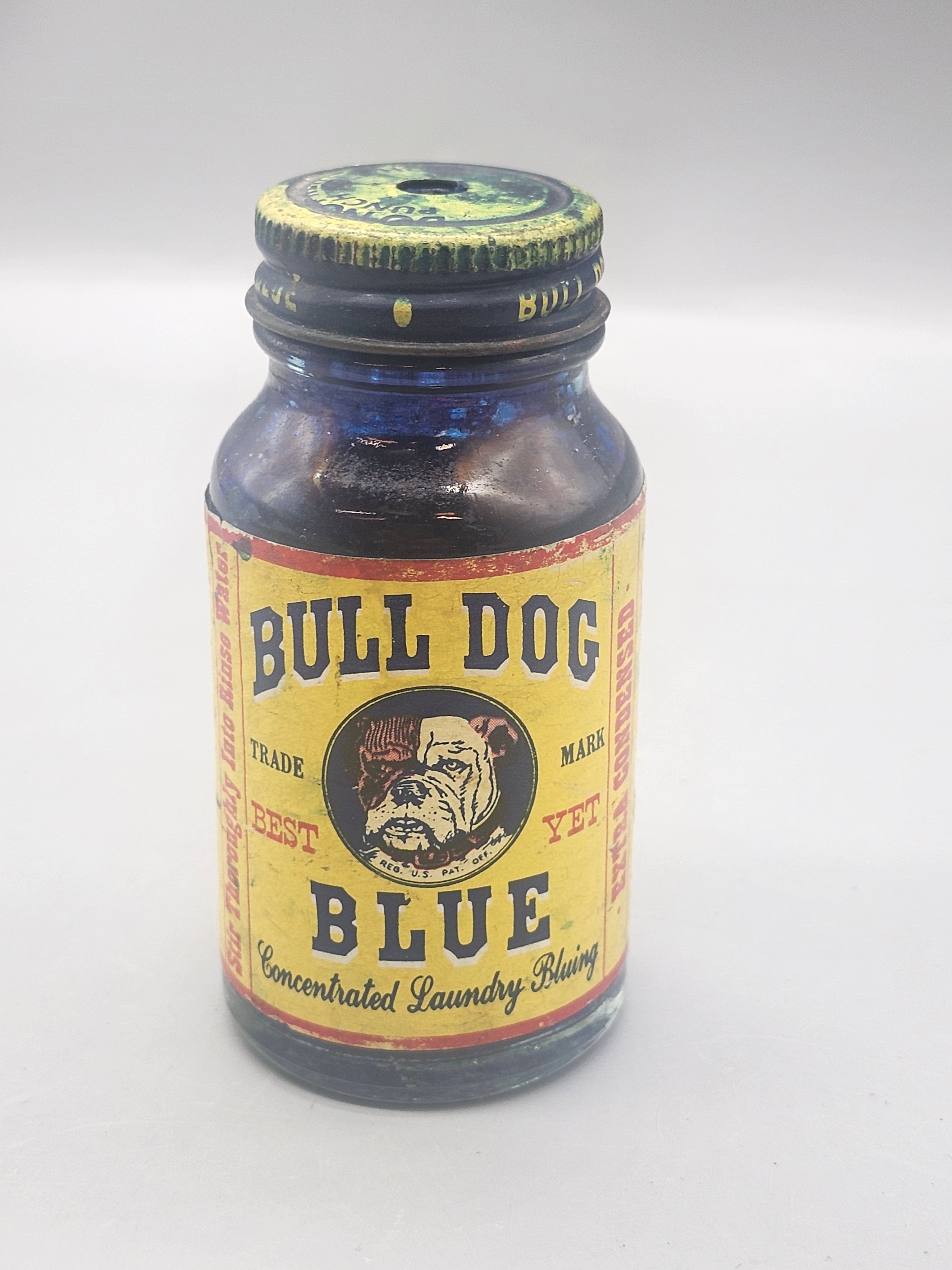 Vintage Bull Dog Blue Cobalt Glass Laundry Bluing Bottle w/ Original Label Lid
