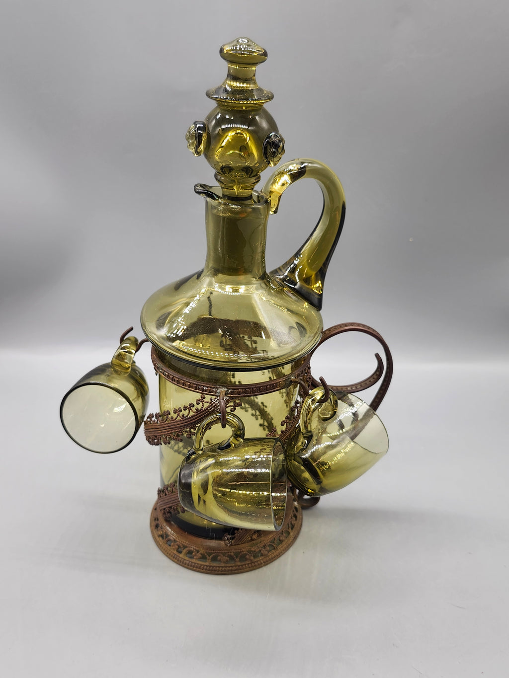 Vintage Green Glass Decanter 4 Cups Caddy Set Empoli Italian Genie Bottle