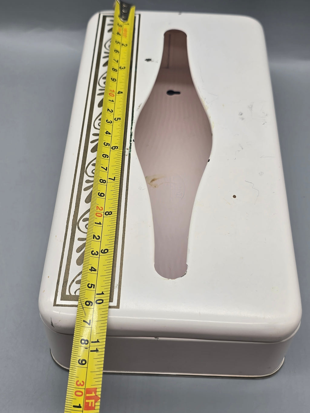 Vintage Rusting Metal Tissue Box Cover Mid Century Floral Scroll Bathroom Vanity Holder 11.5"