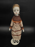 Vintage Porcelain Doll – Blonde Hair – Cloth Body – Brown Prairie Dress – Approx. 18"