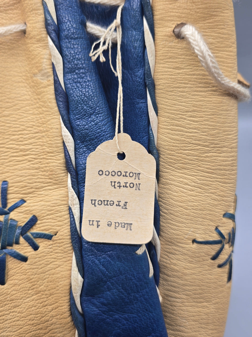 Vintage Handmade French Moroccan Leather Drawstring Bucket Bag Blue & Tan Boho Purse