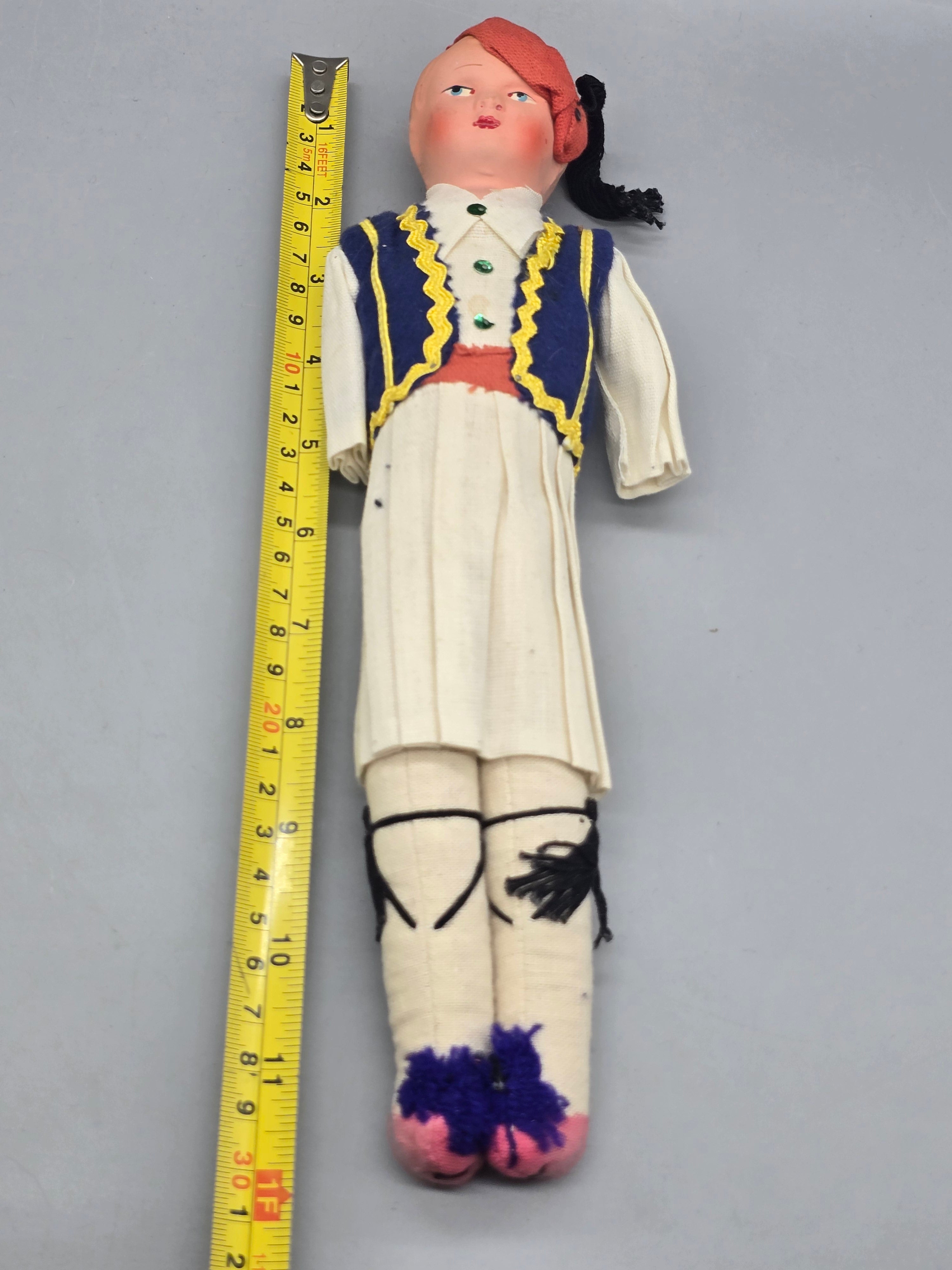 Vintage Greek Evzone Souvenir Doll Hand Painted Composition Face Traditional Folk Costume 10 Inch