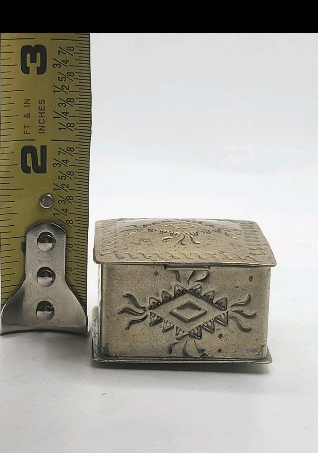 Small Silver Metal Trinket Box Southwestern Geometric Design Hinged Lid Decor