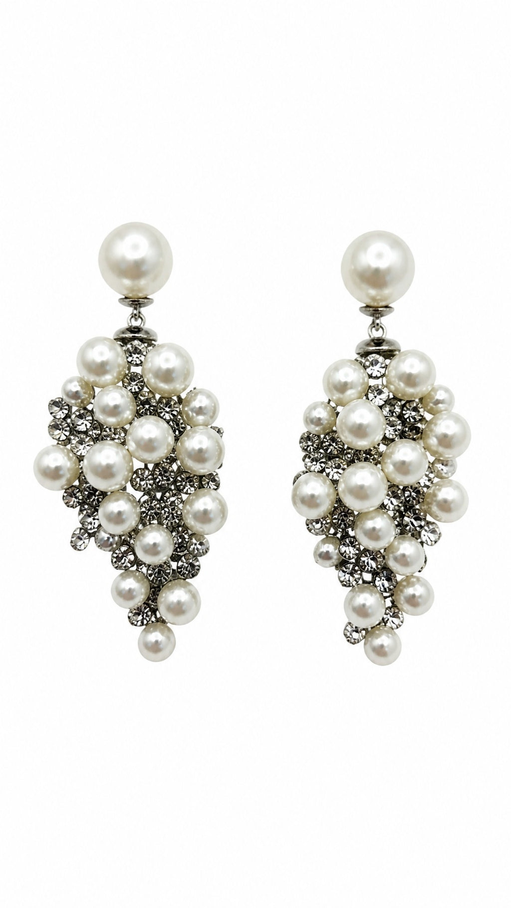 Vintage Faux Pearl & Rhinestone Statement Dangle Earrings Silver Tone