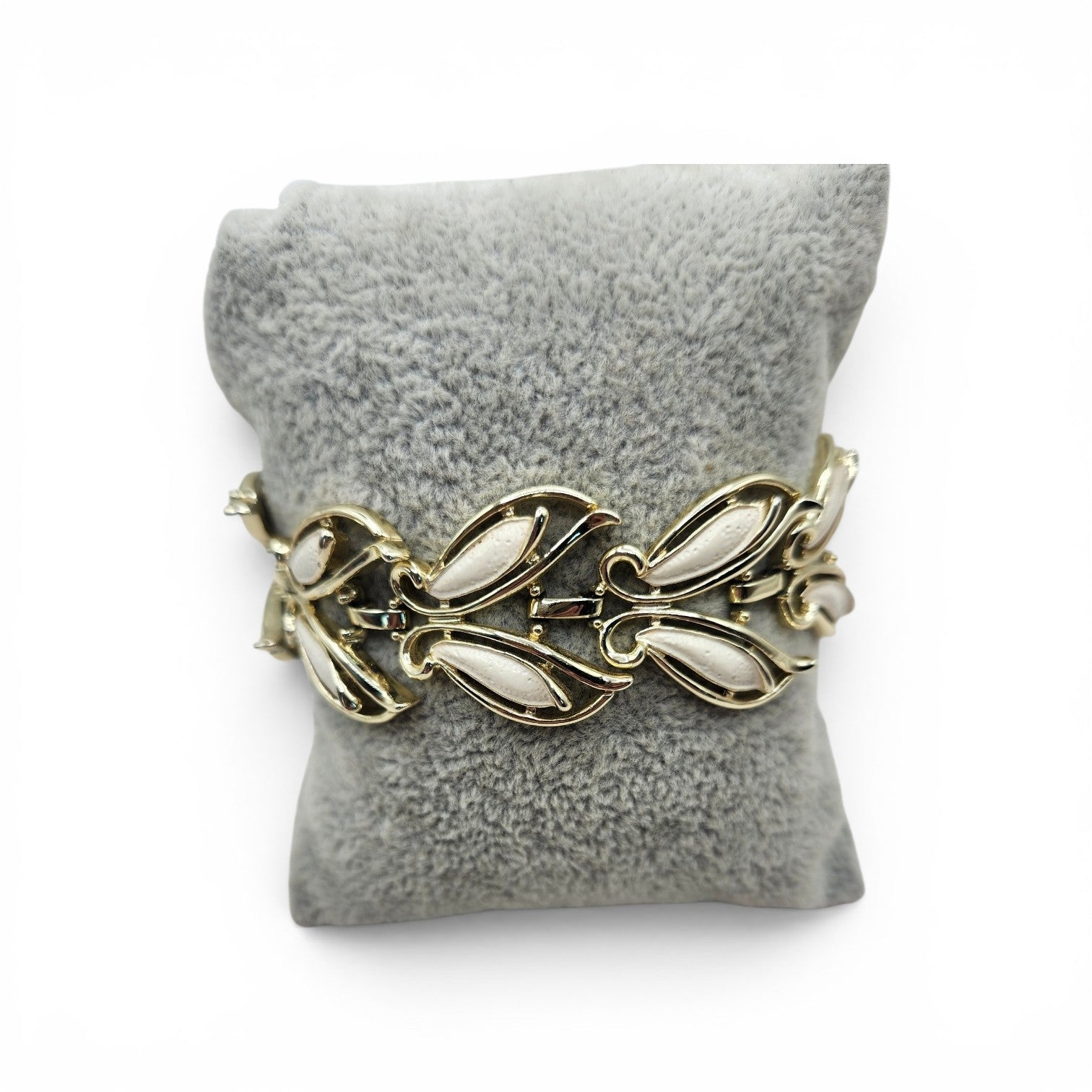 Sarah Coventry 7" Gold Tone White Enamel Leaf Link Bracelet Vintage Signed