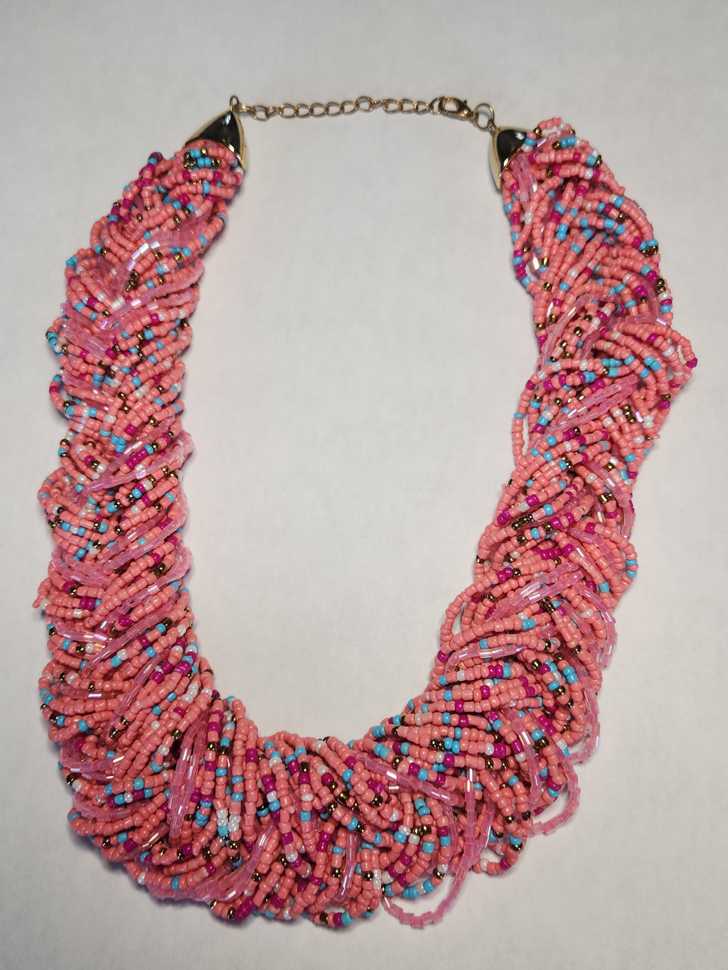 Vintage Pink Multi Strand Seed Bead Statement Collar Necklace Boho Bib