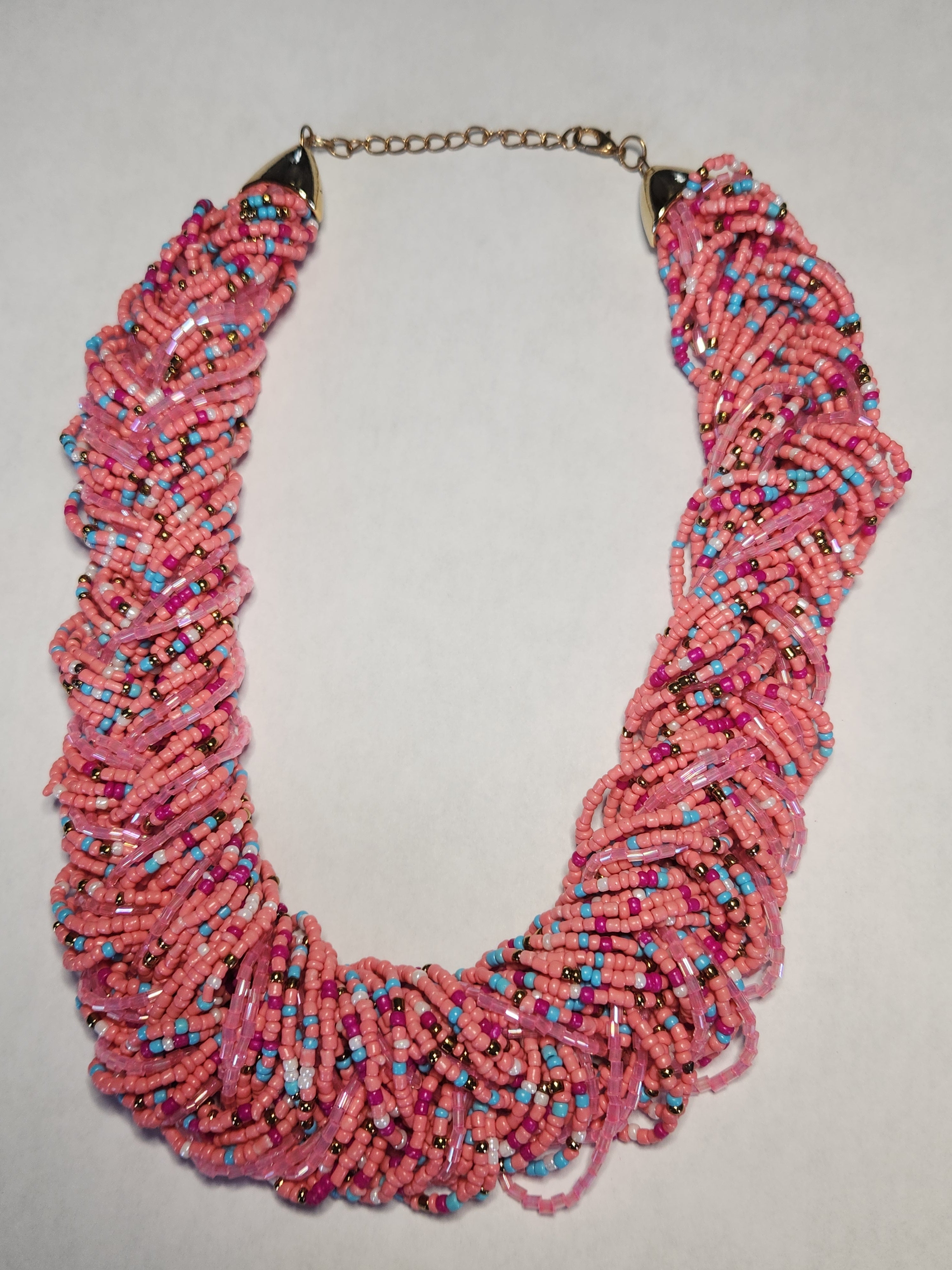 Vintage Pink Multi Strand Seed Bead Statement Collar Necklace Boho Bib
