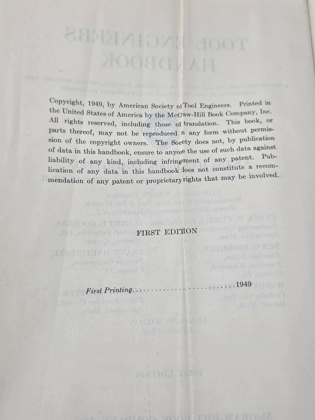Vintage 1949 Tool Engineers Handbook – First Edition First Printing ASTE
