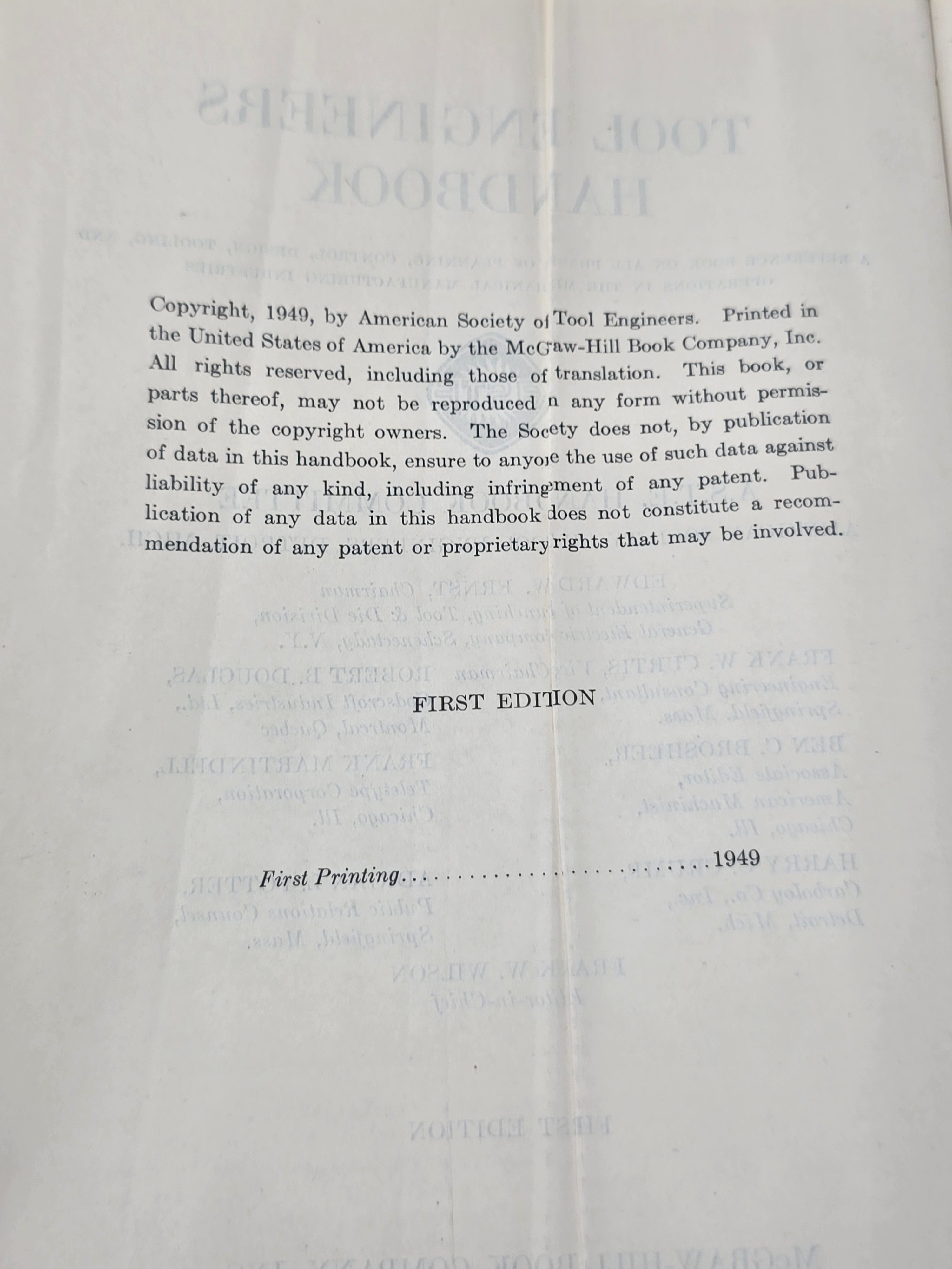Vintage 1949 Tool Engineers Handbook – First Edition First Printing ASTE