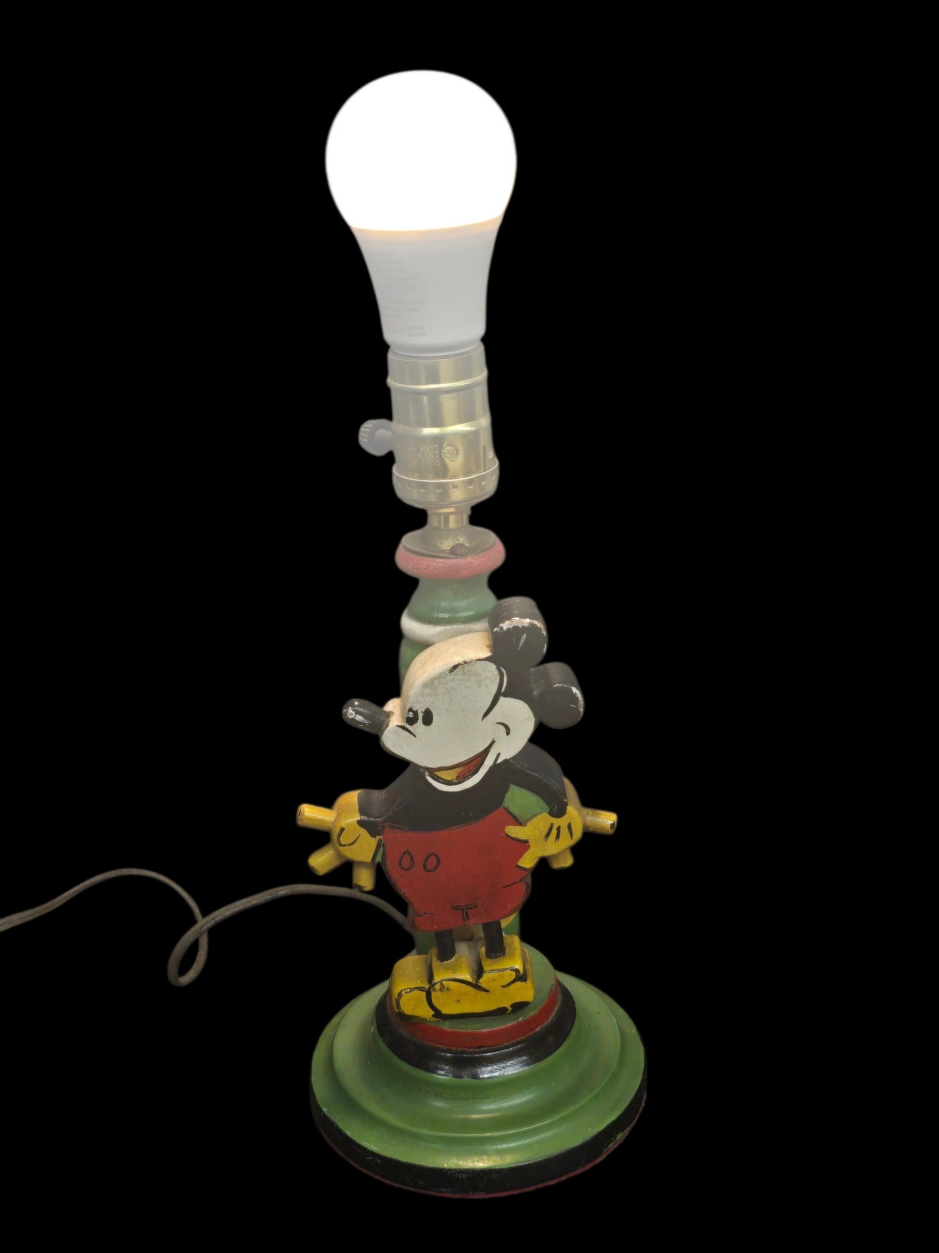 Vintage Mickey Mouse Wooden Figural Table Lamp Hand Painted Disney Folk Art