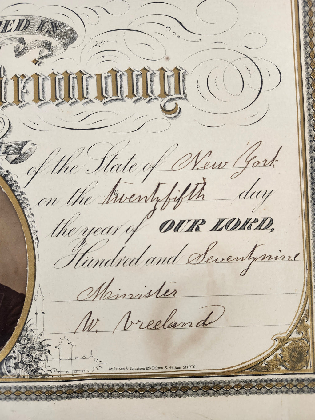 1879 Antique New York Marriage Certificate w Tintype Photo Ornate Document