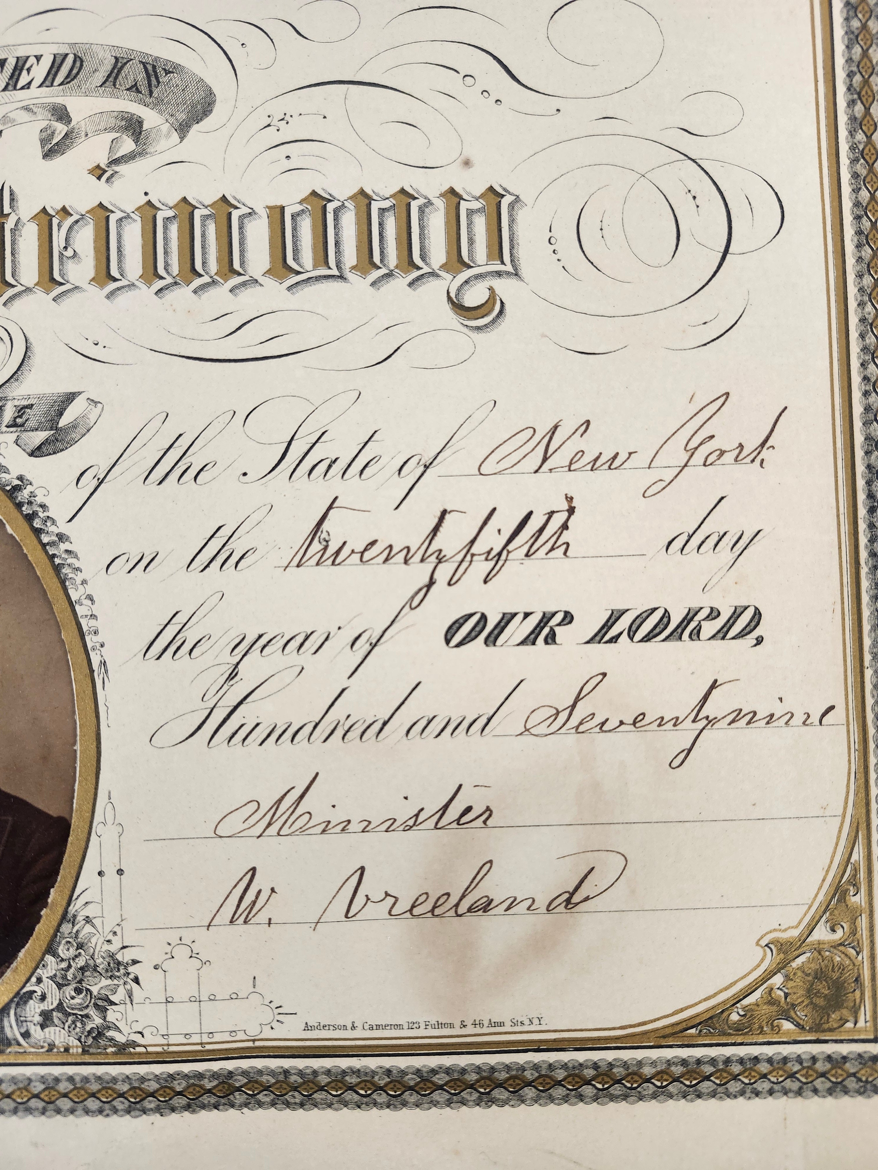 1879 Antique New York Marriage Certificate w Tintype Photo Ornate Document