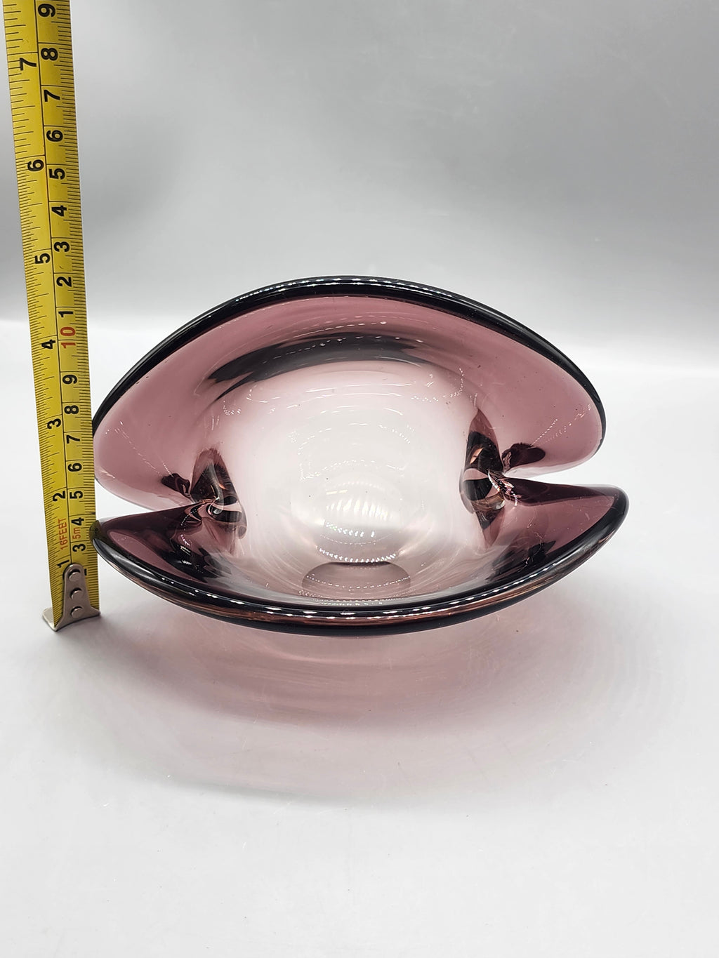 Vintage Amethyst Art Glass Clam Shell Bowl Purple Hand Blown Centerpiece
