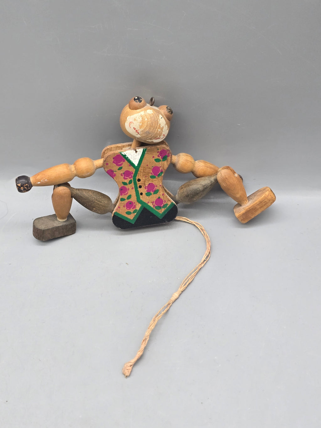 Vintage Wooden Jointed Pull String Bear Puppet Hand Painted Articulated Folk Art Toy 7"