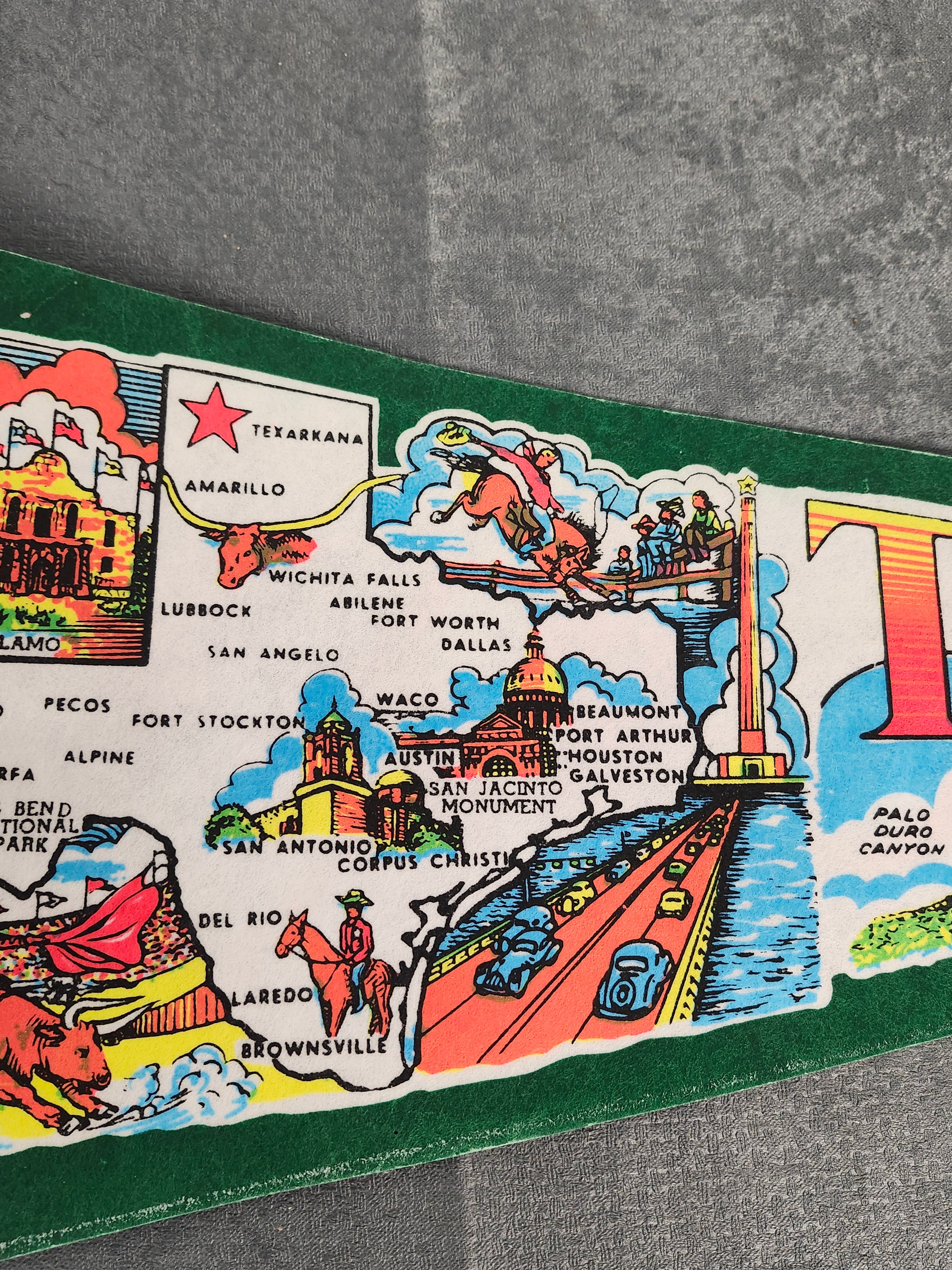 Vintage Texas Souvenir Felt Pennant 31" State Map Alamo Six Flags Cowboy