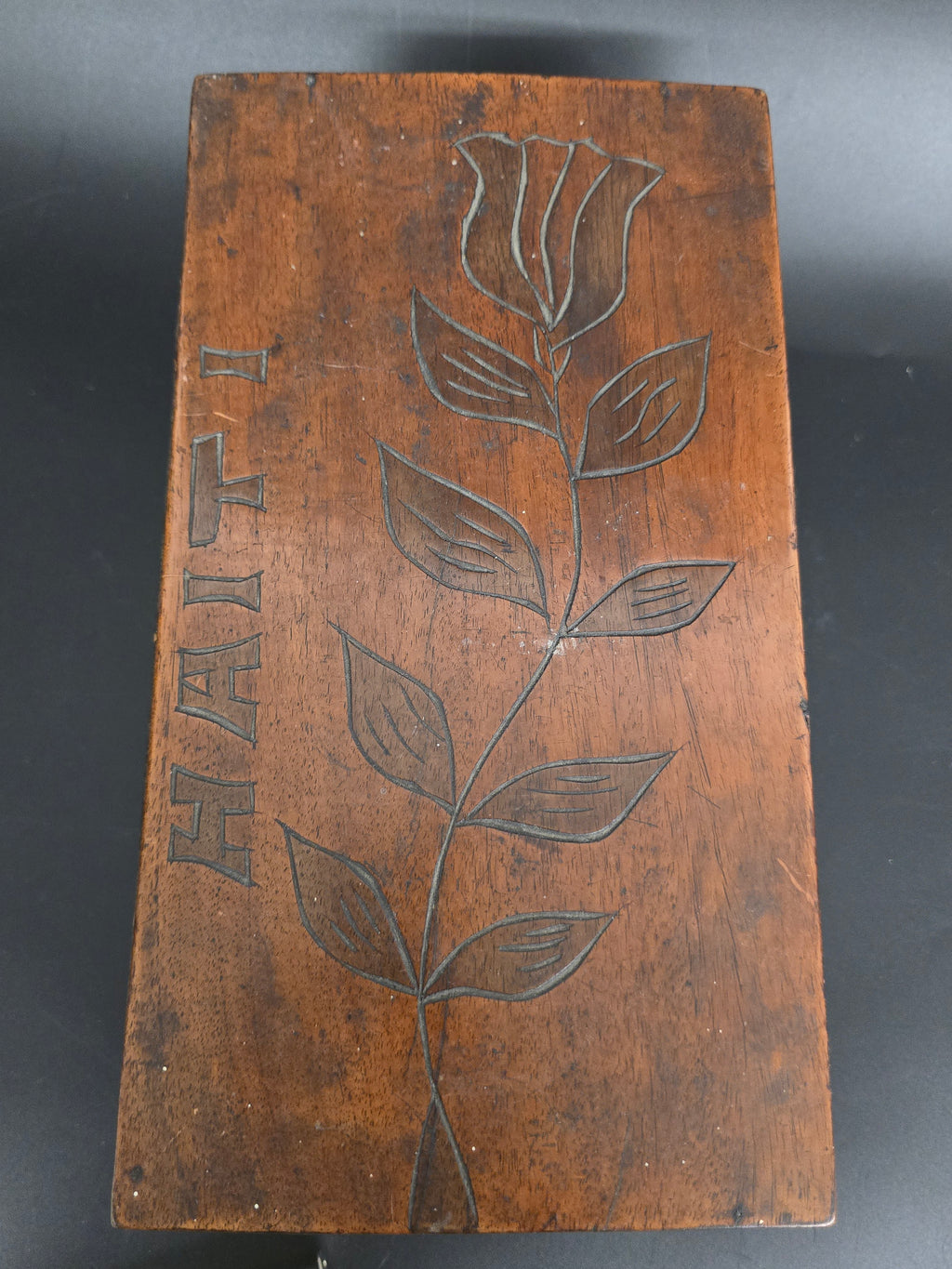 Vintage Hand Carved Wooden Keepsake Box "HAITI" Floral Folk Art Trinket Jewelry Box