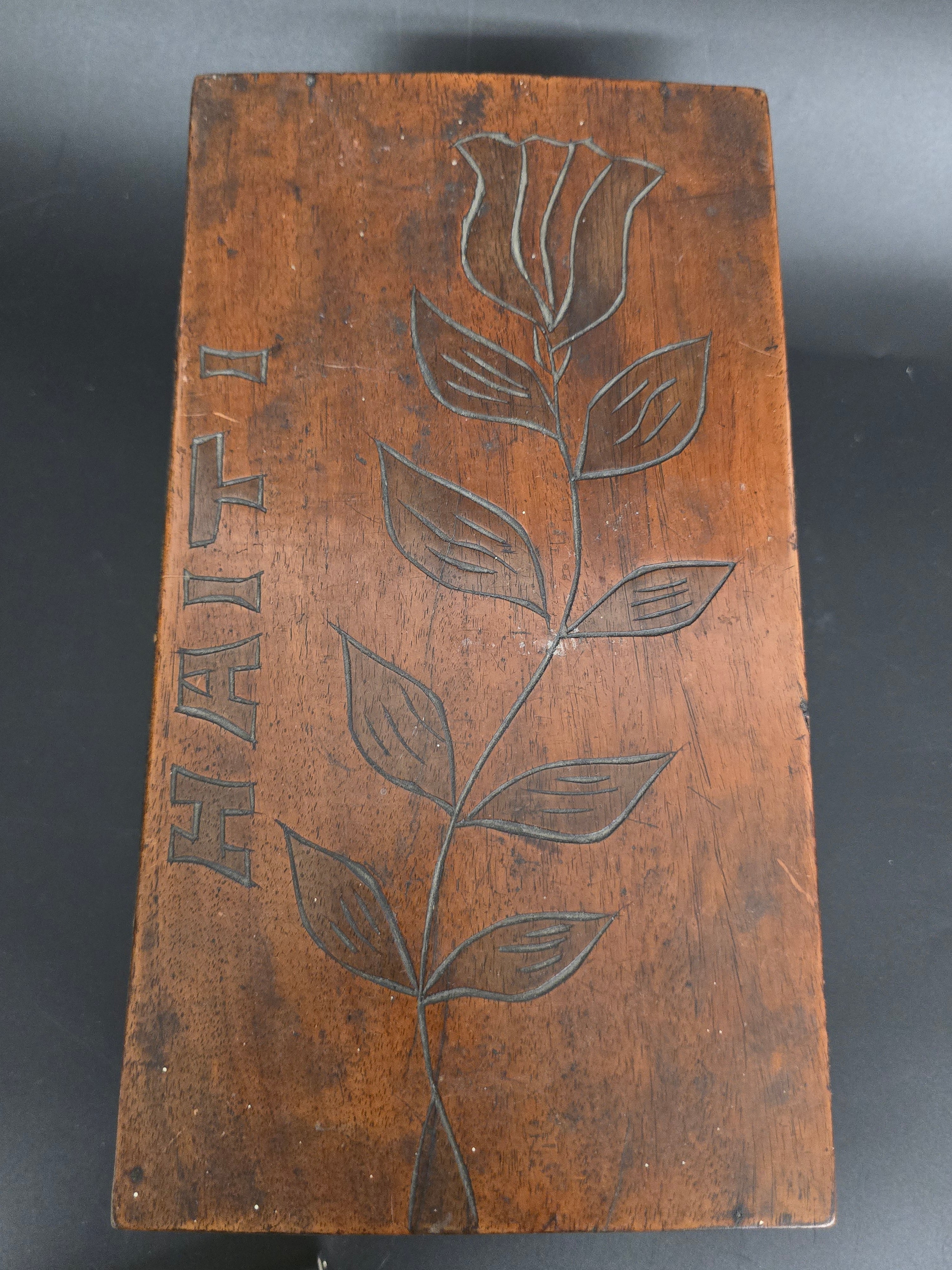 Vintage Hand Carved Wooden Keepsake Box "HAITI" Floral Folk Art Trinket Jewelry Box