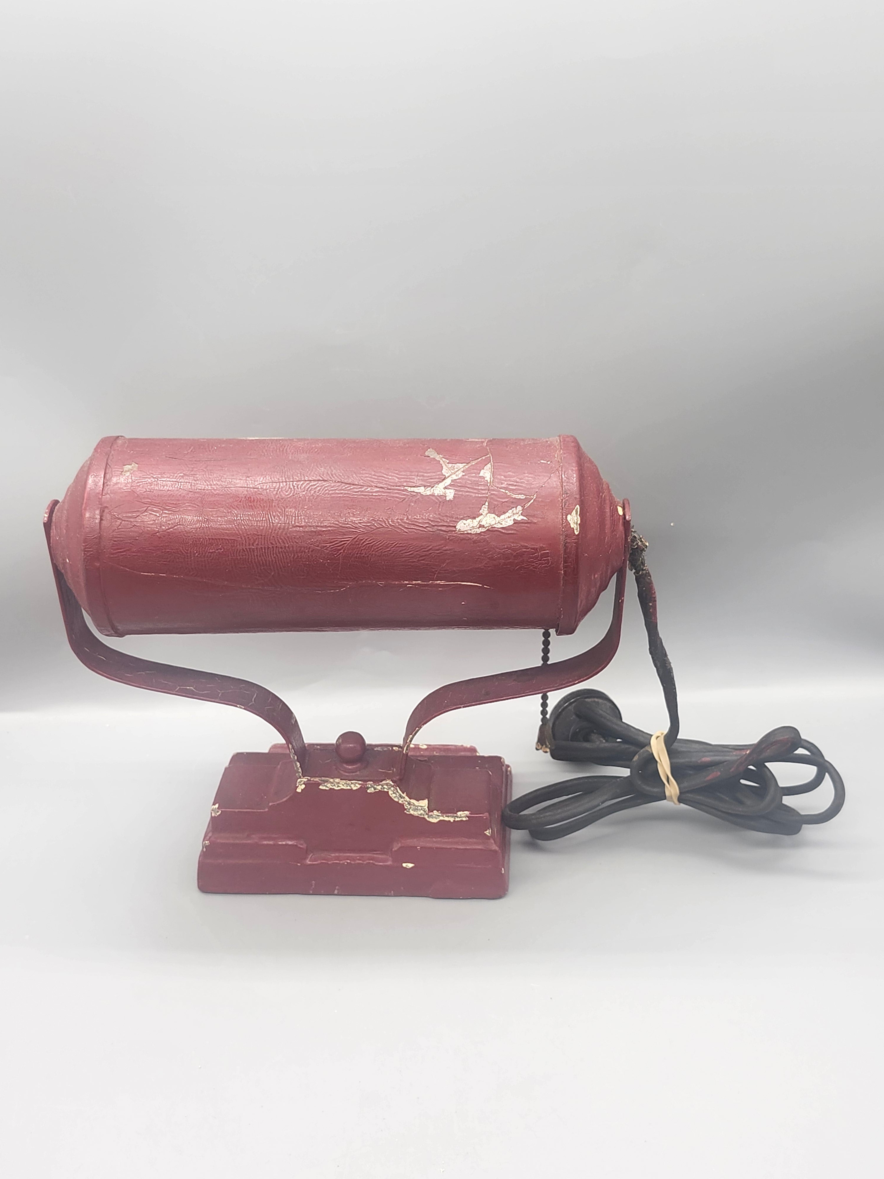 Vintage Industrial Desk Lamp Cast Iron Base Burgundy Pull Chain Tested Works