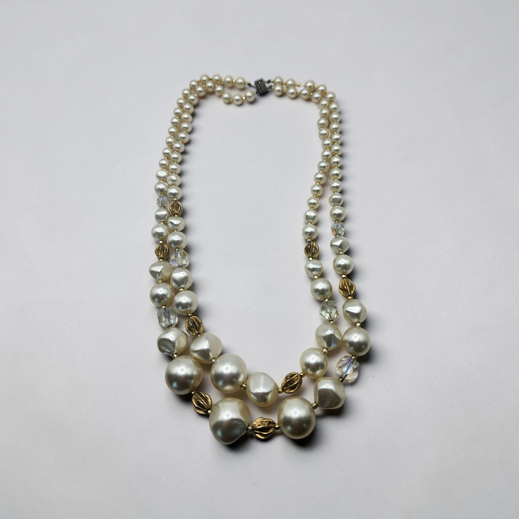 Vintage 22" Double Strand Faux Pearl Necklace Sterling Silver Clasp Gold Tone Spacers