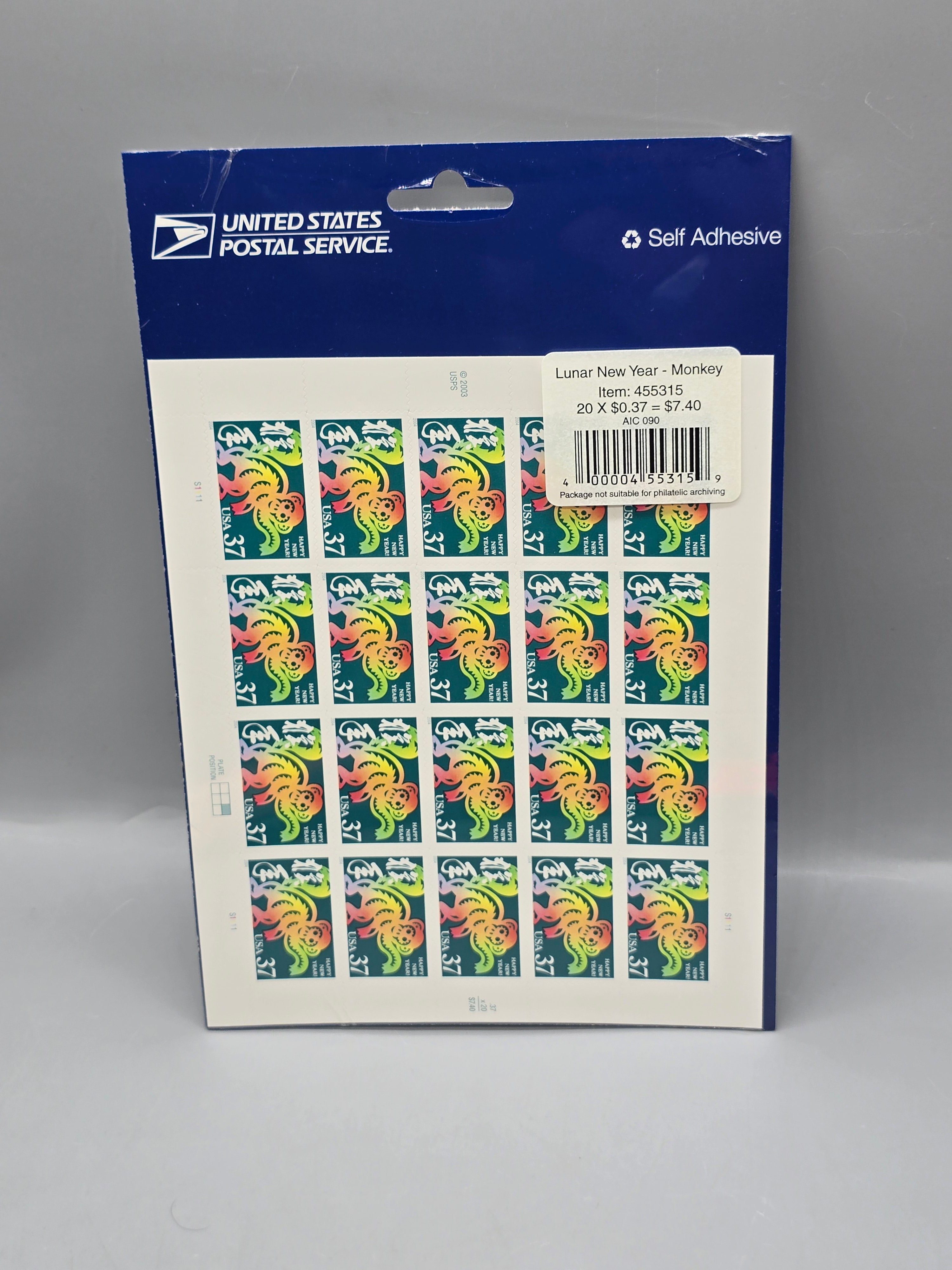 2004 USPS Lunar New Year Monkey 37¢ Self Adhesive Stamp Sheet 20 Unused Sealed