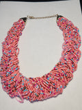 Vintage Pink Multi Strand Seed Bead Statement Collar Necklace Boho Bib