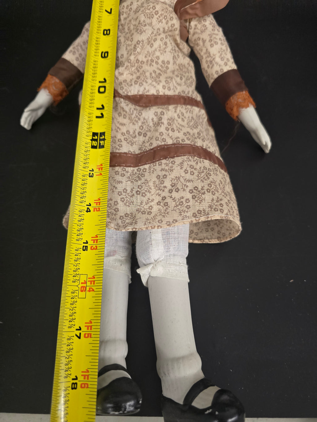 Vintage Porcelain Doll – Blonde Hair – Cloth Body – Brown Prairie Dress – Approx. 18"