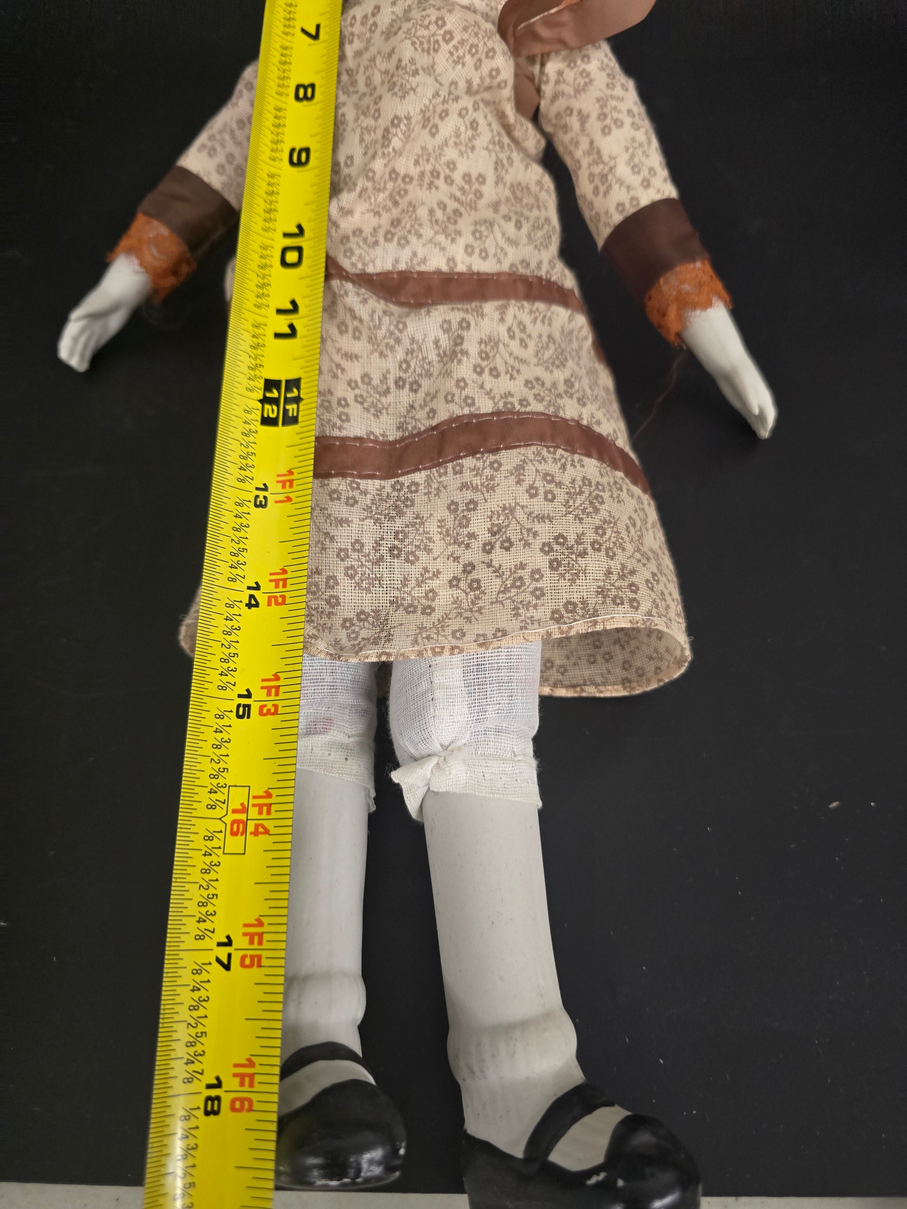 Vintage Porcelain Doll – Blonde Hair – Cloth Body – Brown Prairie Dress – Approx. 18"