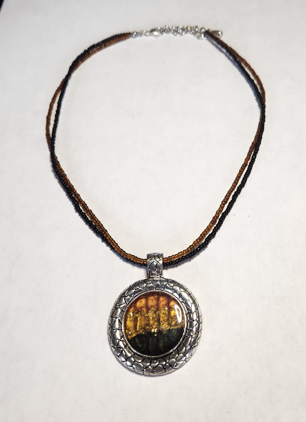 Handcrafted Art Glass Pendant Necklace Double Seed Bead Choker Silver Tone