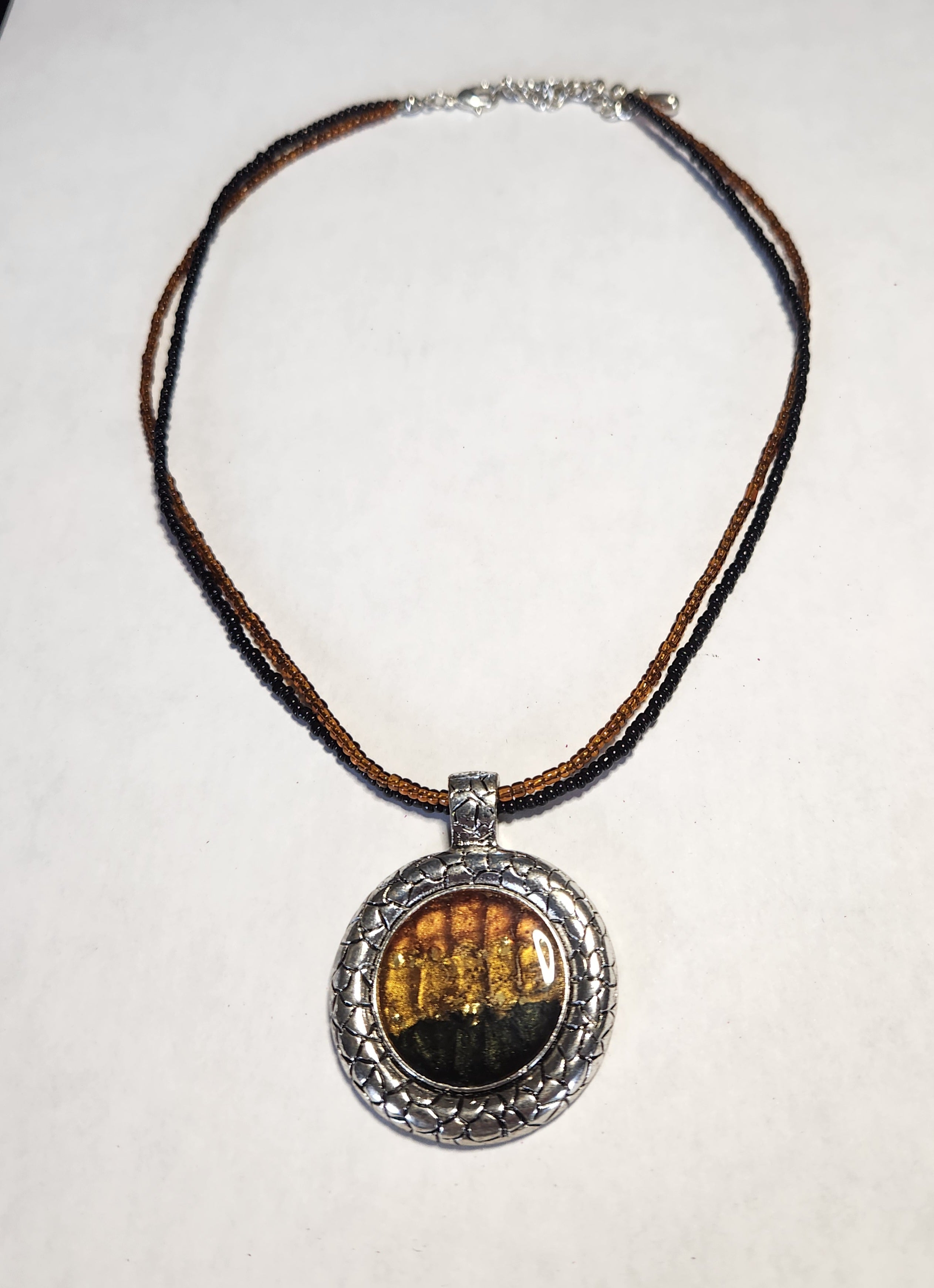 Handcrafted Art Glass Pendant Necklace Double Seed Bead Choker Silver Tone