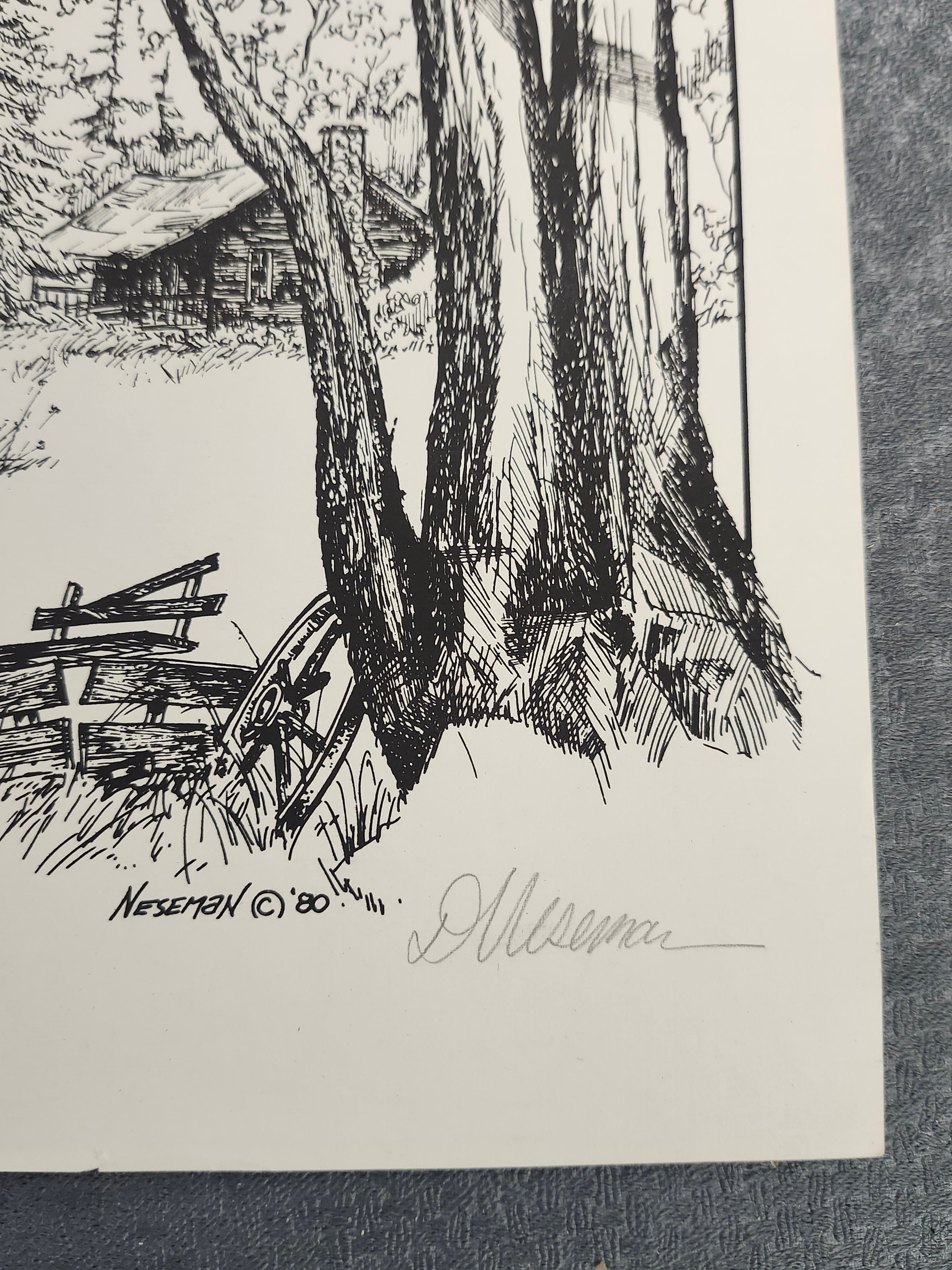 Signed Neseman 1980 Limited Edition Cabin Landscape Print 89/250 Art