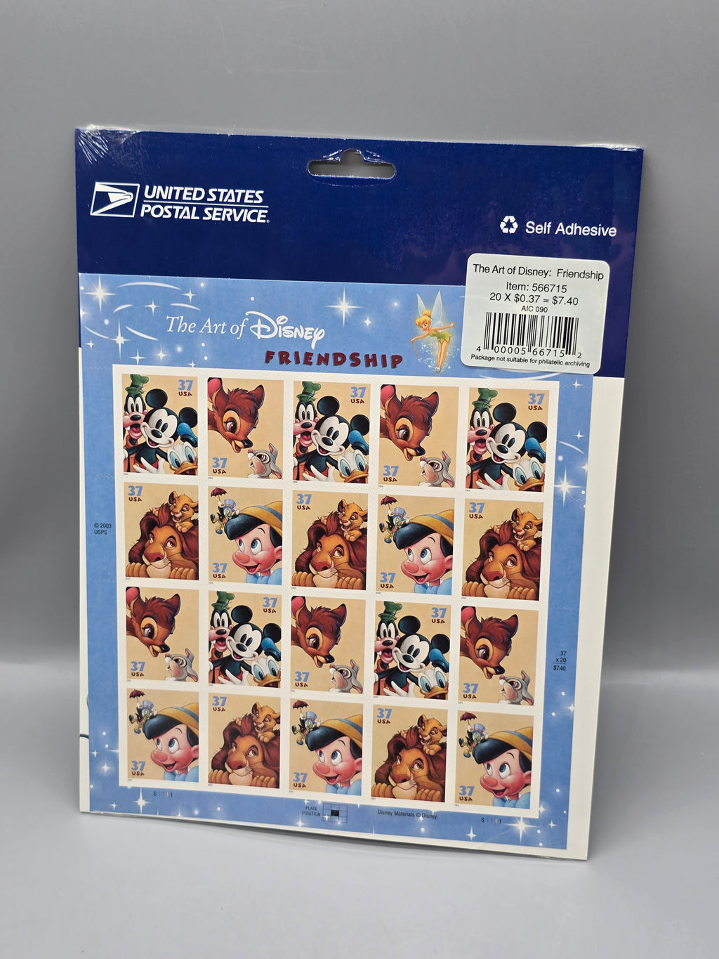 USPS The Art of Disney: Friendship 37¢ Stamp Sheet of 20 Sealed Mickey Bambi Pinocchio Lion King