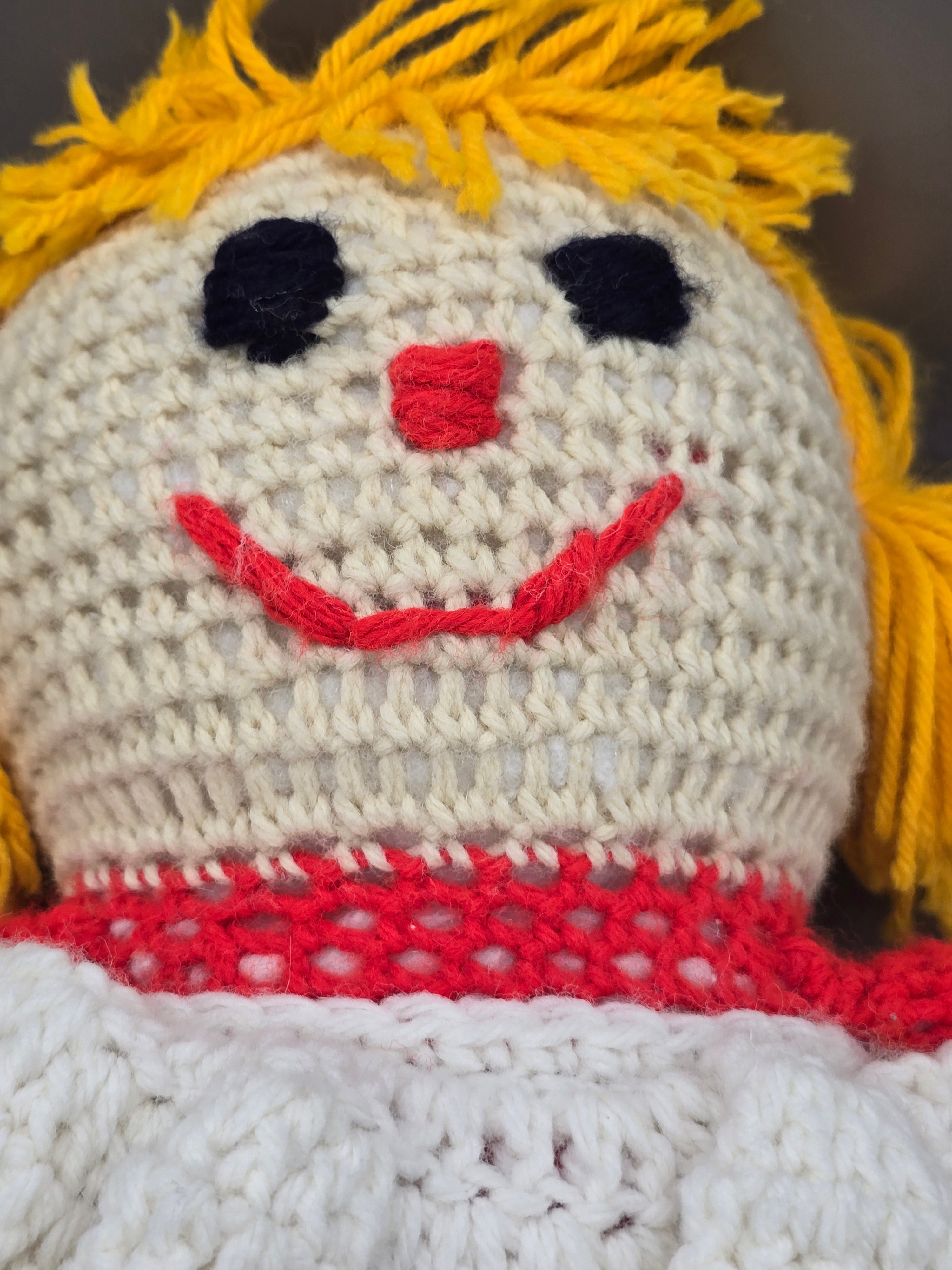 Vintage Handmade Crochet Raggedy Ann Style Doll – Handcrafted Yarn Hair – Approx. 13"