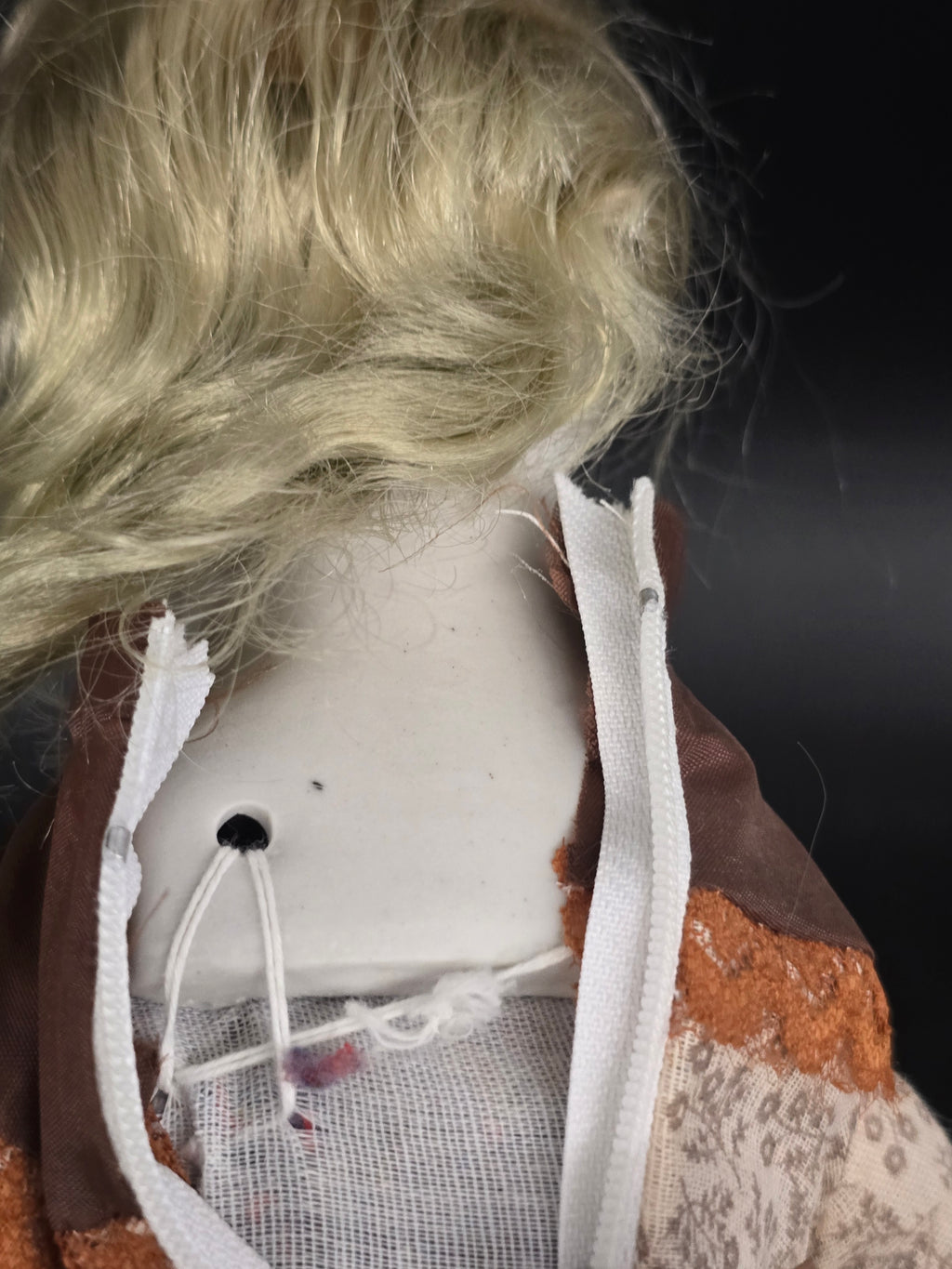 Vintage 18" Porcelain Head Doll Blonde Hair Brown Floral Dress Straw Hat Display Doll