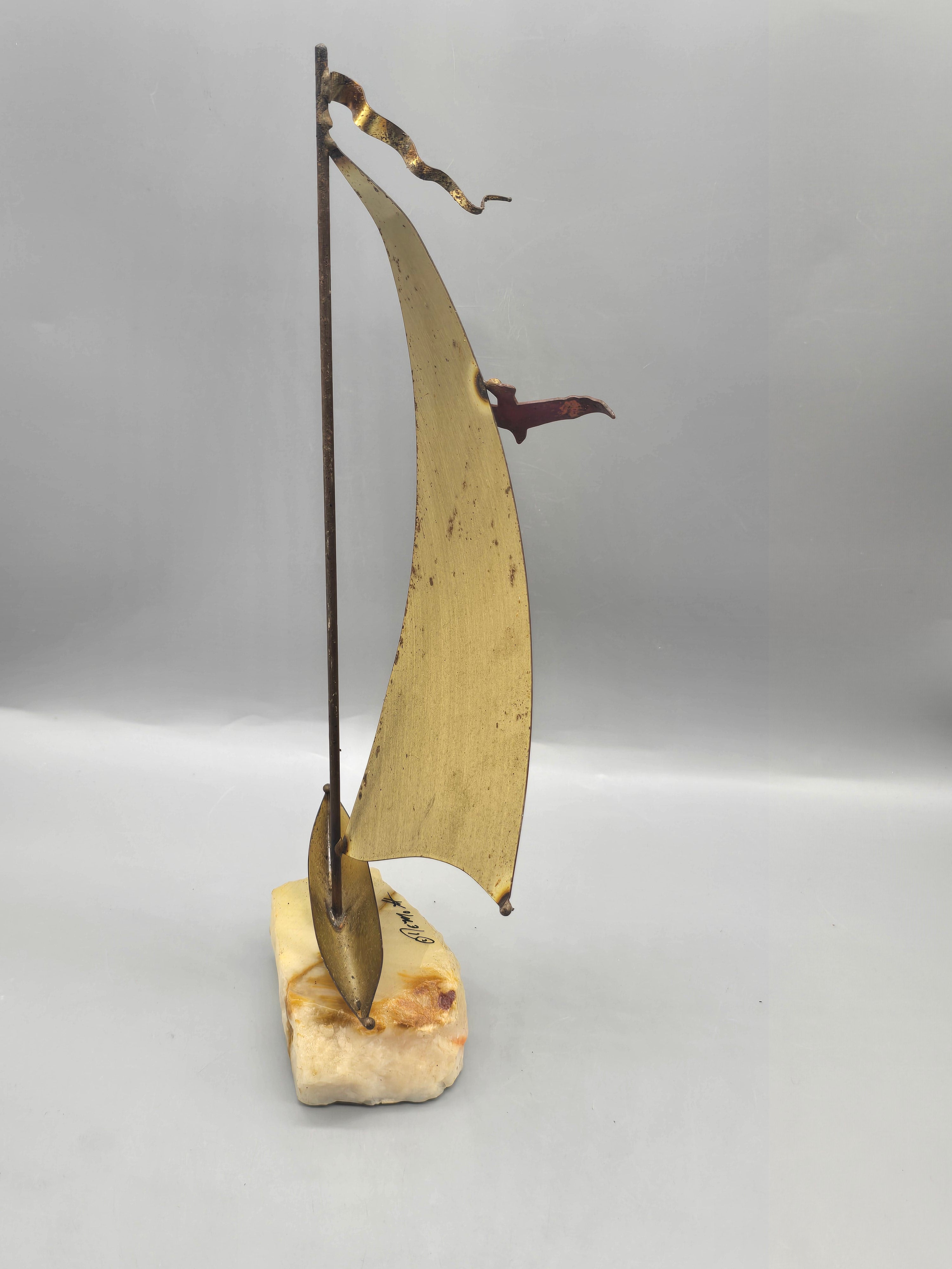 Vintage Signed "Nemo" Brass 12" Sailboat Sculpture on Alabaster Base – Mid Century Modern Nautical Décor